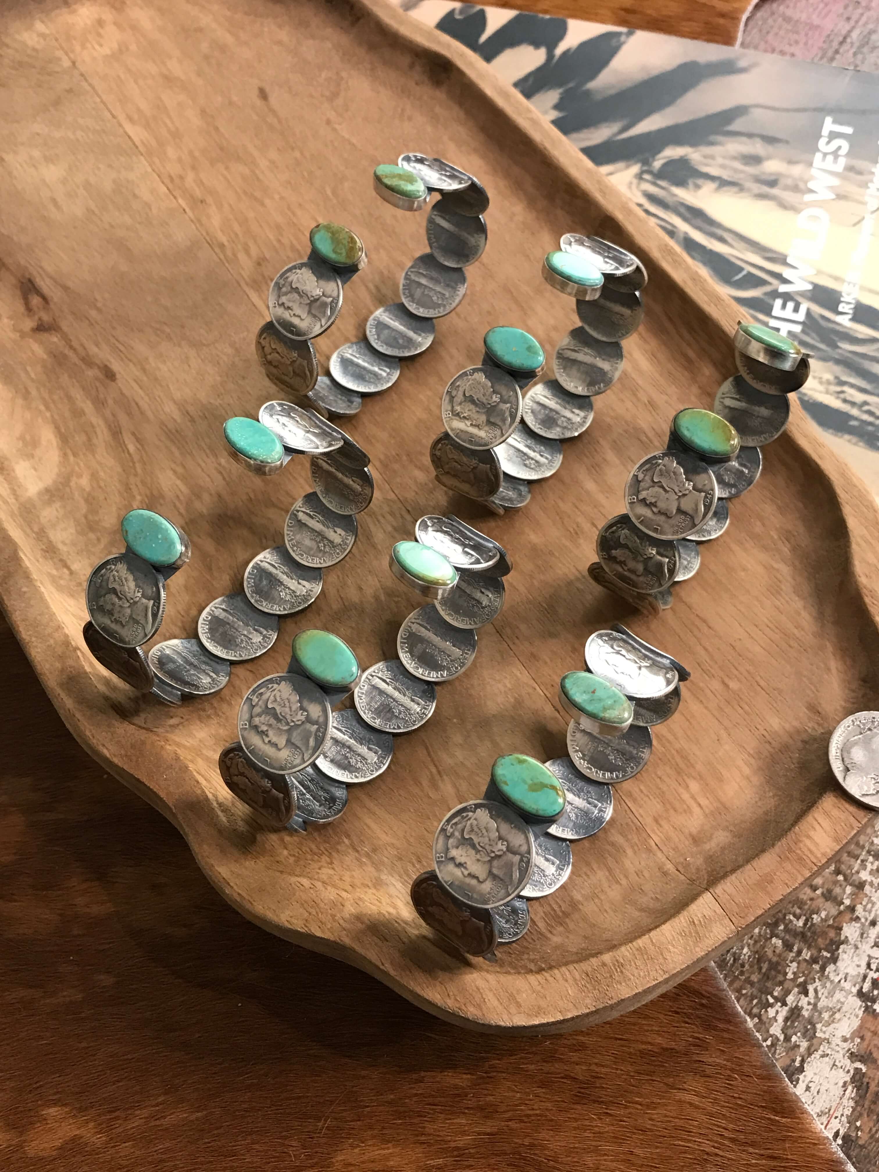 The Green Wisteria Coin Cuffs-Bracelets & Cuffs-Calli Co., Turquoise and Silver Jewelry, Native American Handmade, Zuni Tribe, Navajo Tribe, Brock Texas