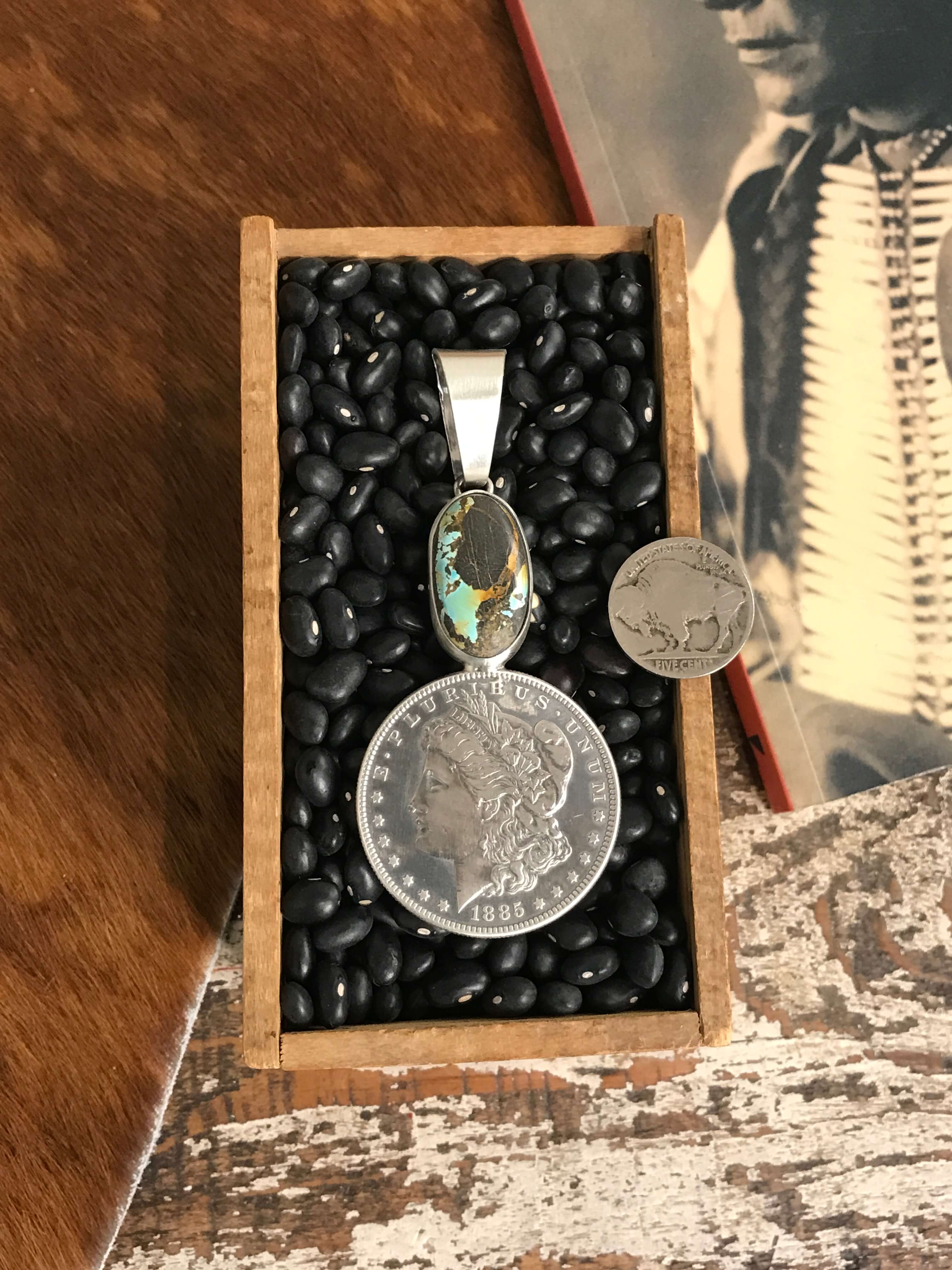 The Morgan One Dollar Pendant, 2-Pendants-Calli Co., Turquoise and Silver Jewelry, Native American Handmade, Zuni Tribe, Navajo Tribe, Brock Texas
