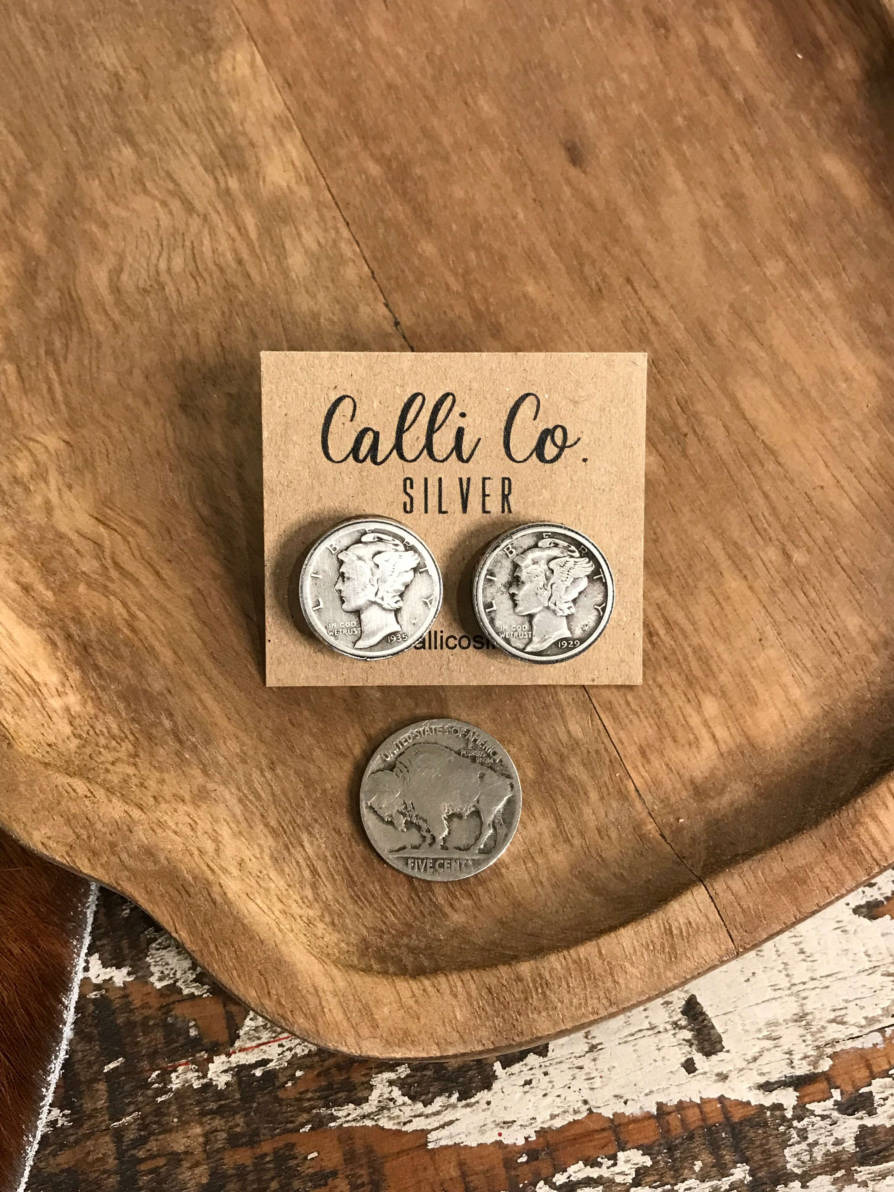 The Oden Mercury Dime Earrings XX-Earrings-Calli Co., Turquoise and Silver Jewelry, Native American Handmade, Zuni Tribe, Navajo Tribe, Brock Texas