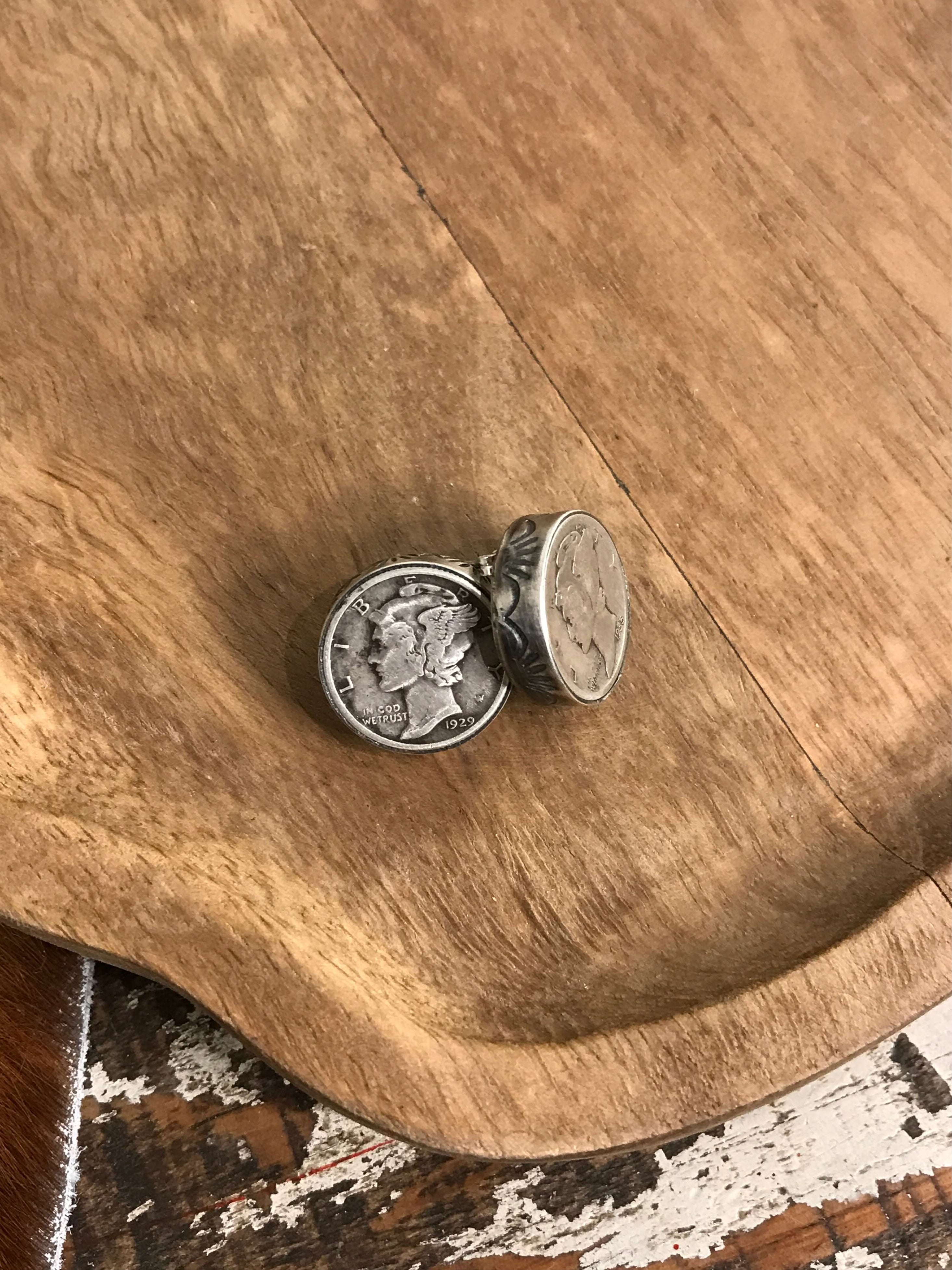 The Oden Mercury Dime Earrings XX-Earrings-Calli Co., Turquoise and Silver Jewelry, Native American Handmade, Zuni Tribe, Navajo Tribe, Brock Texas