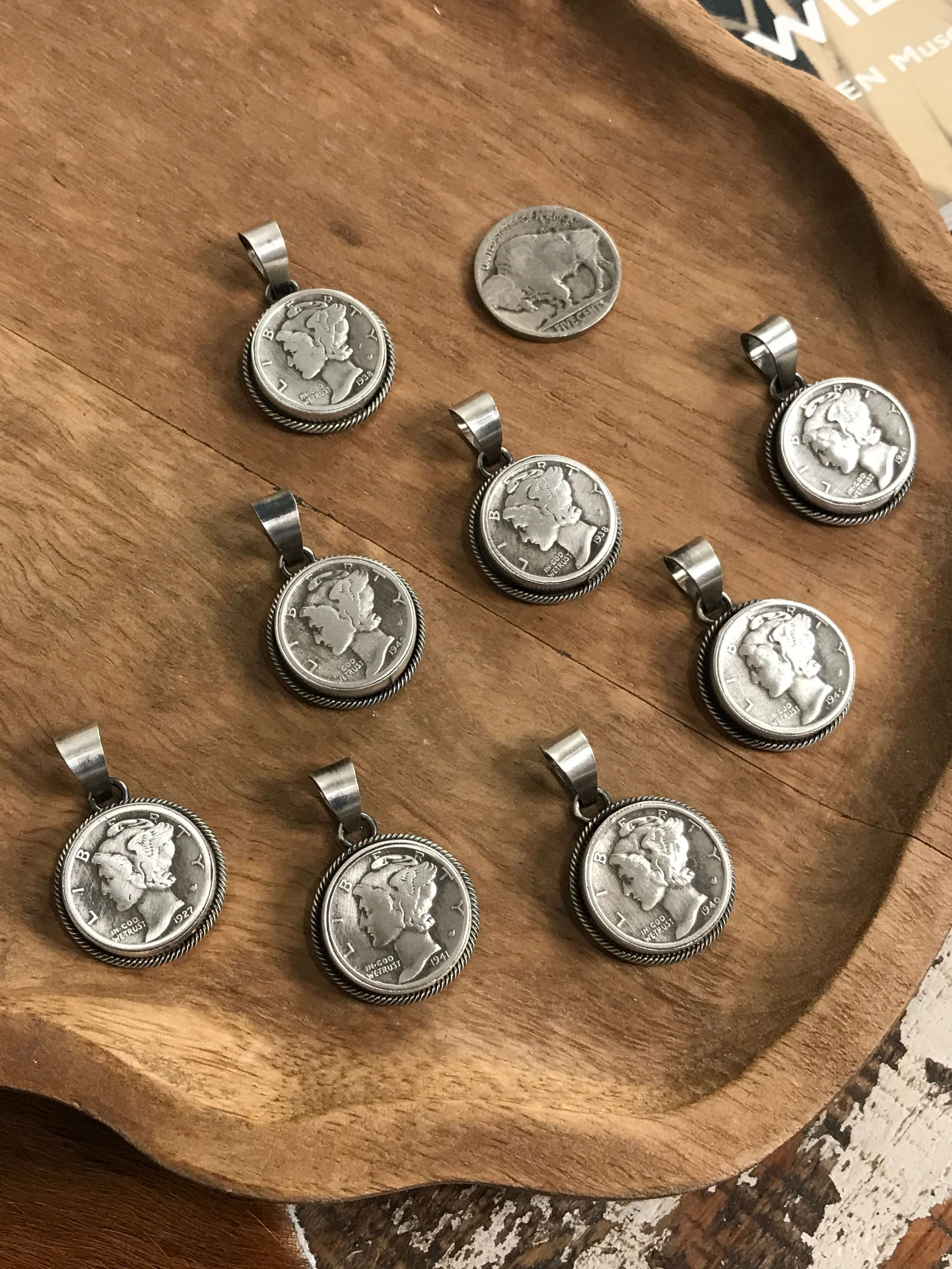 The Arlo Mercury Dime Pendants XX-Pendants-Calli Co., Turquoise and Silver Jewelry, Native American Handmade, Zuni Tribe, Navajo Tribe, Brock Texas