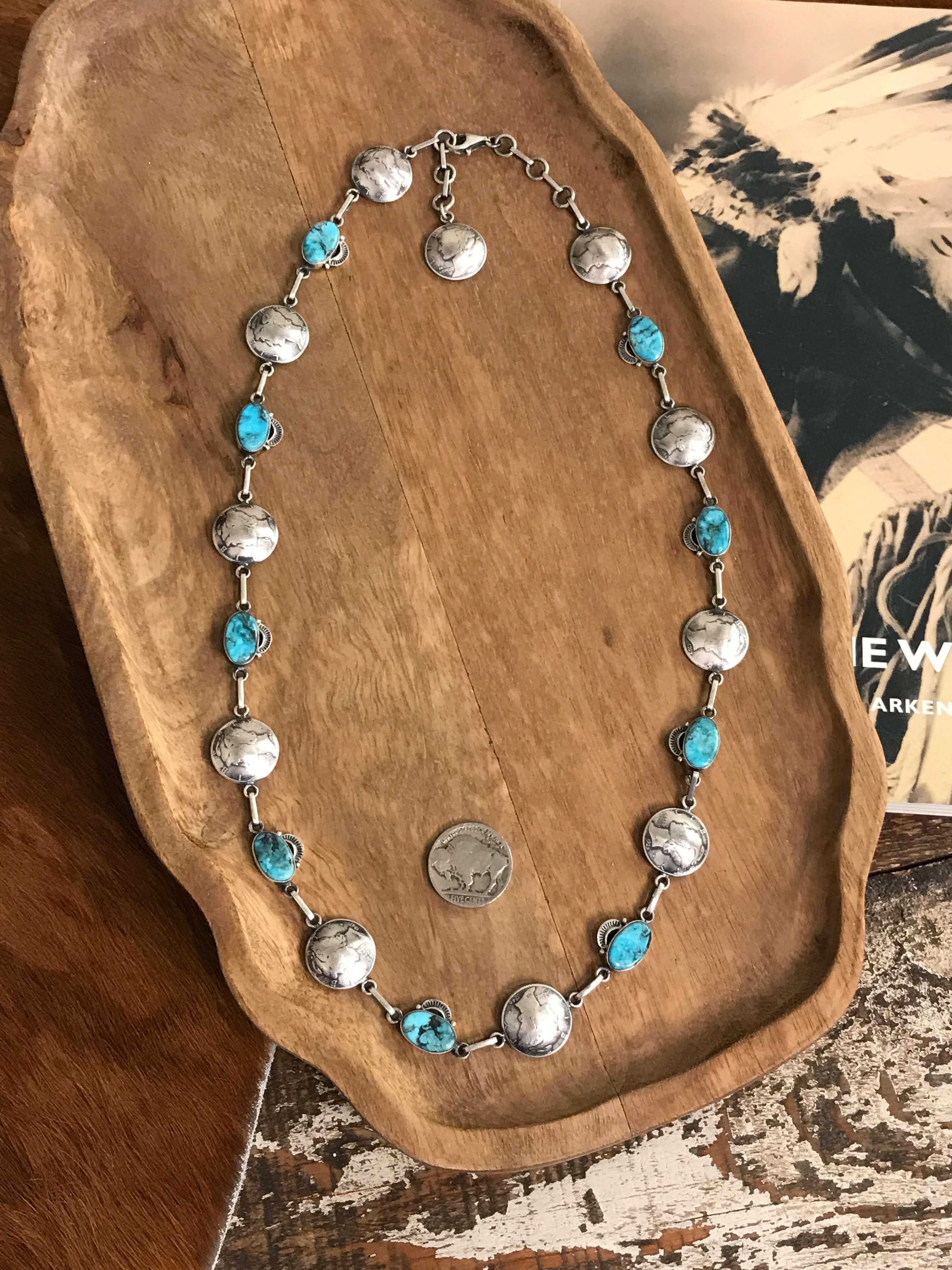 The Dome Dime and Turquoise Necklace, 1 XX-Necklaces-Calli Co., Turquoise and Silver Jewelry, Native American Handmade, Zuni Tribe, Navajo Tribe, Brock Texas