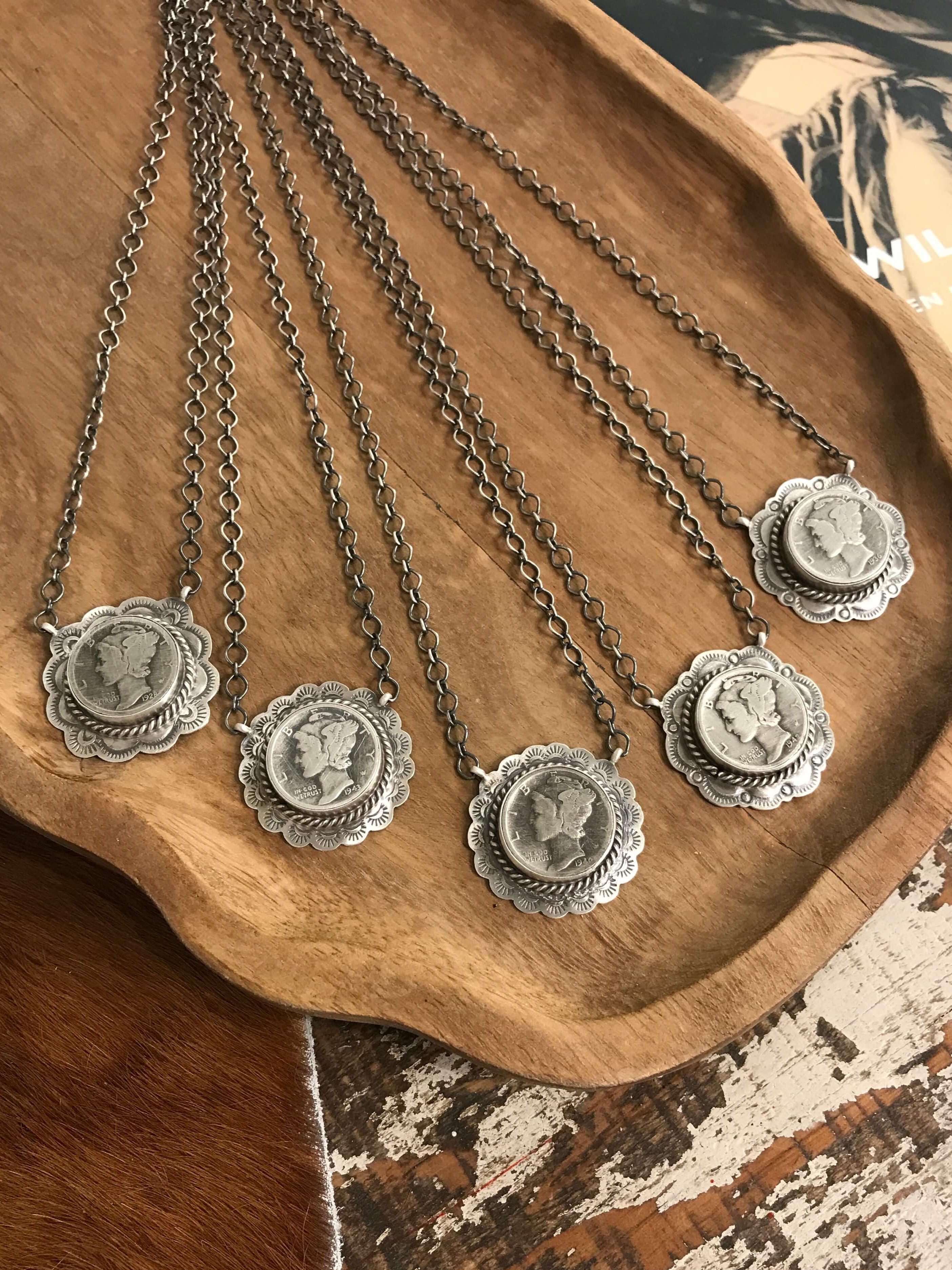 The Whitley Dime Necklaces-Necklaces-Calli Co., Turquoise and Silver Jewelry, Native American Handmade, Zuni Tribe, Navajo Tribe, Brock Texas