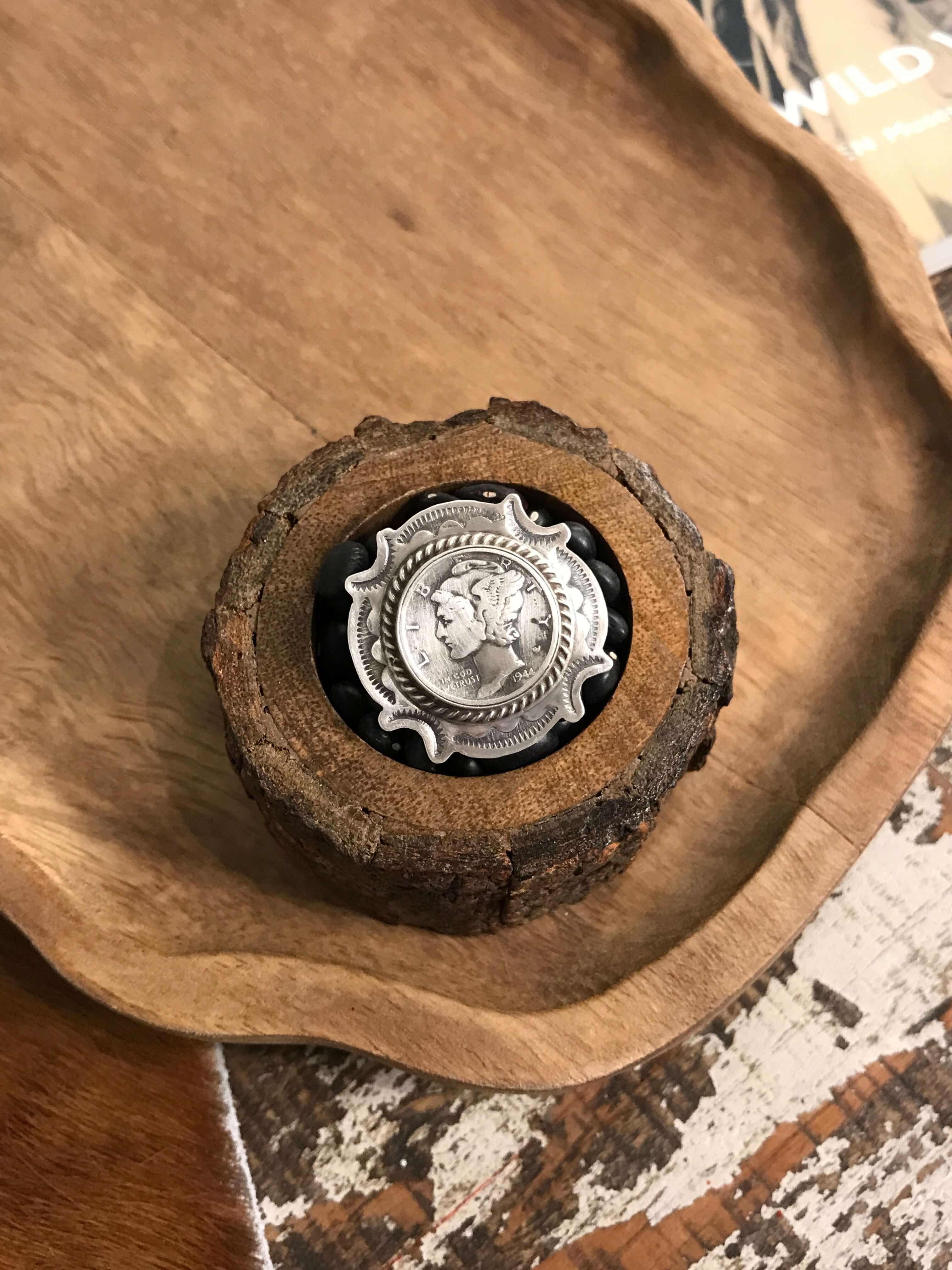 The Whitley Dime Ring, Sz 5.5-Rings-Calli Co., Turquoise and Silver Jewelry, Native American Handmade, Zuni Tribe, Navajo Tribe, Brock Texas