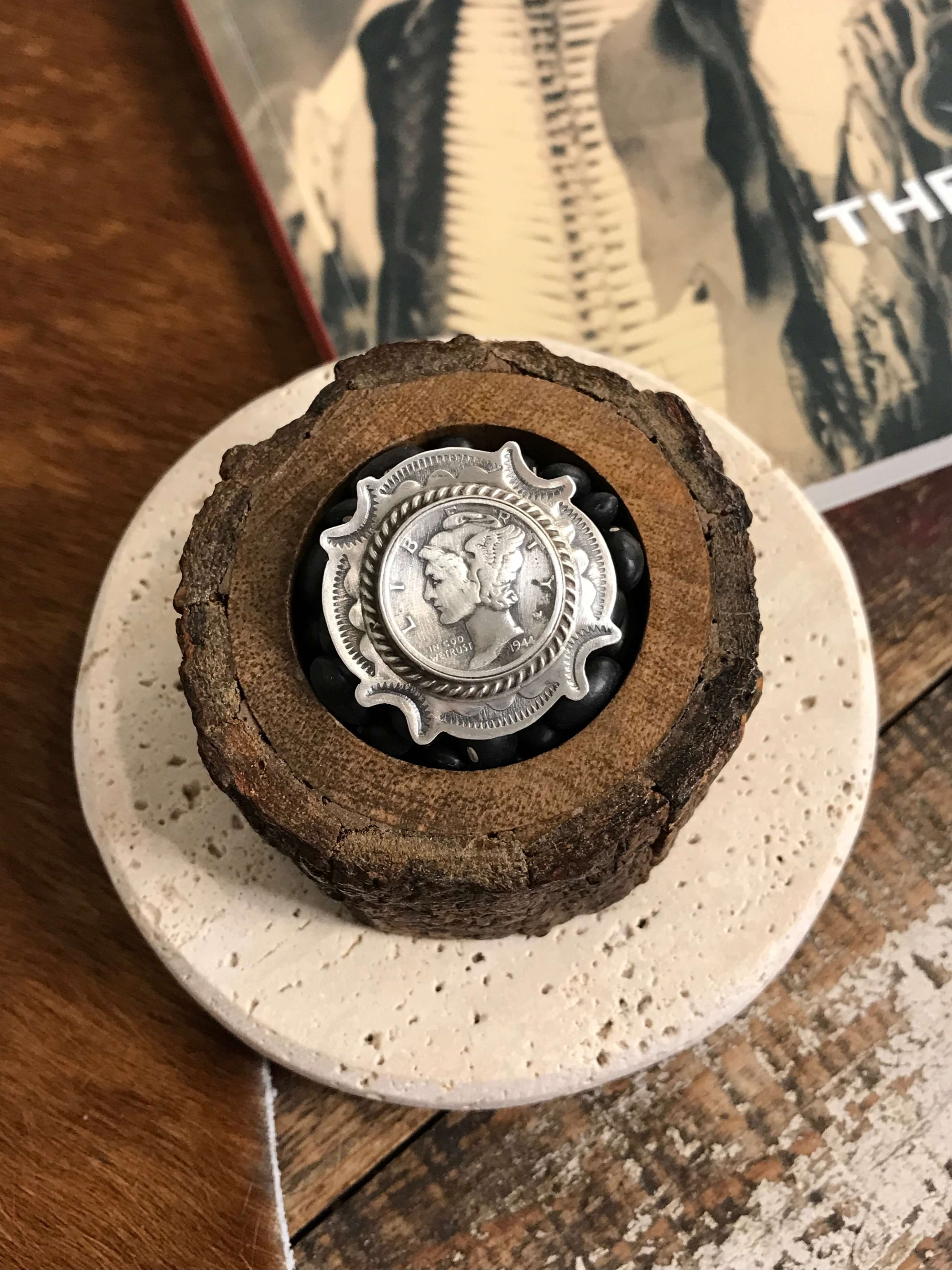 The Whitley Dime Ring, Sz 5.5-Rings-Calli Co., Turquoise and Silver Jewelry, Native American Handmade, Zuni Tribe, Navajo Tribe, Brock Texas