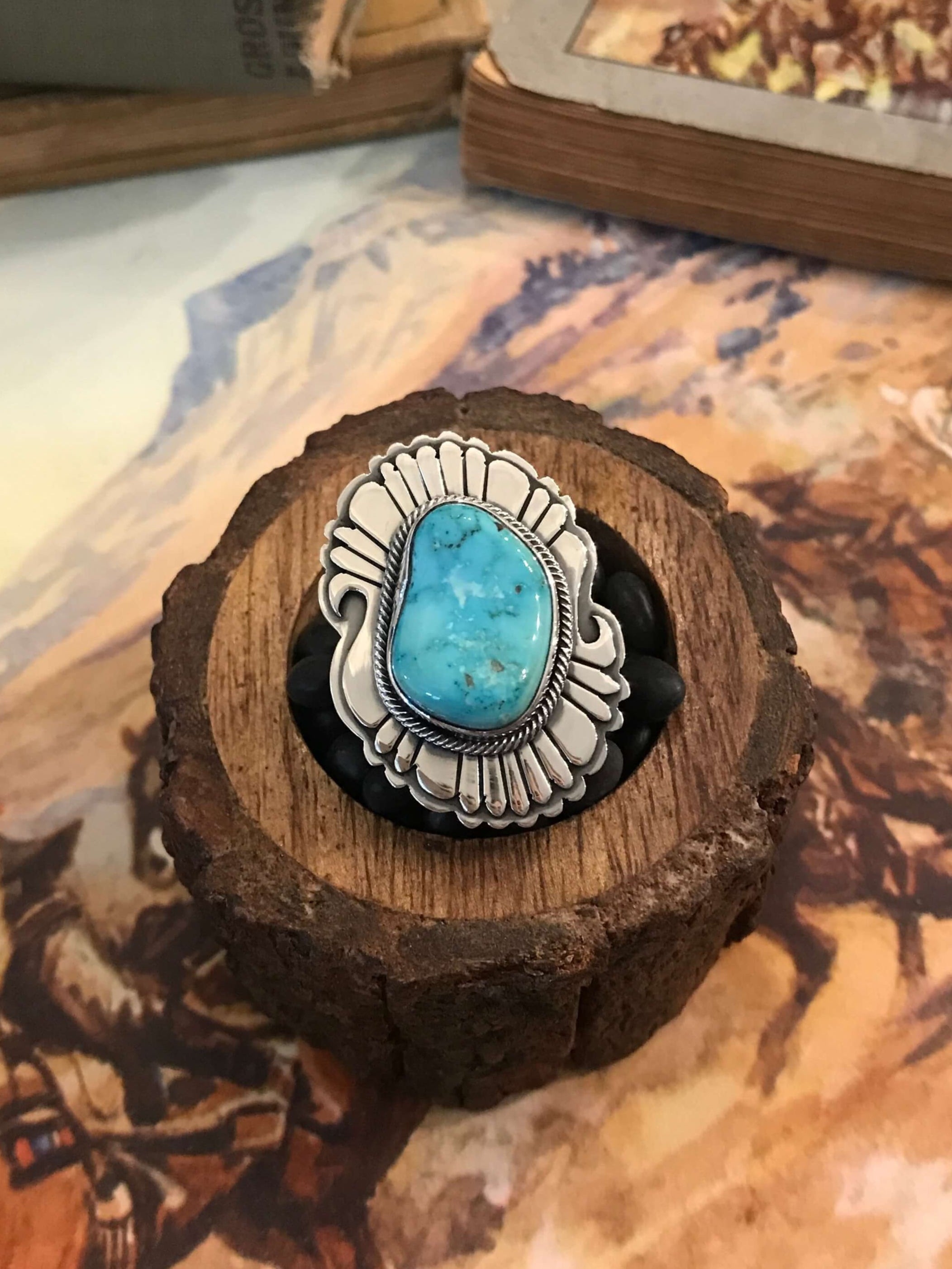 The Grandfalls Turquoise Ring 2, Sz. 8-Rings-Calli Co., Turquoise and Silver Jewelry, Native American Handmade, Zuni Tribe, Navajo Tribe, Brock Texas
