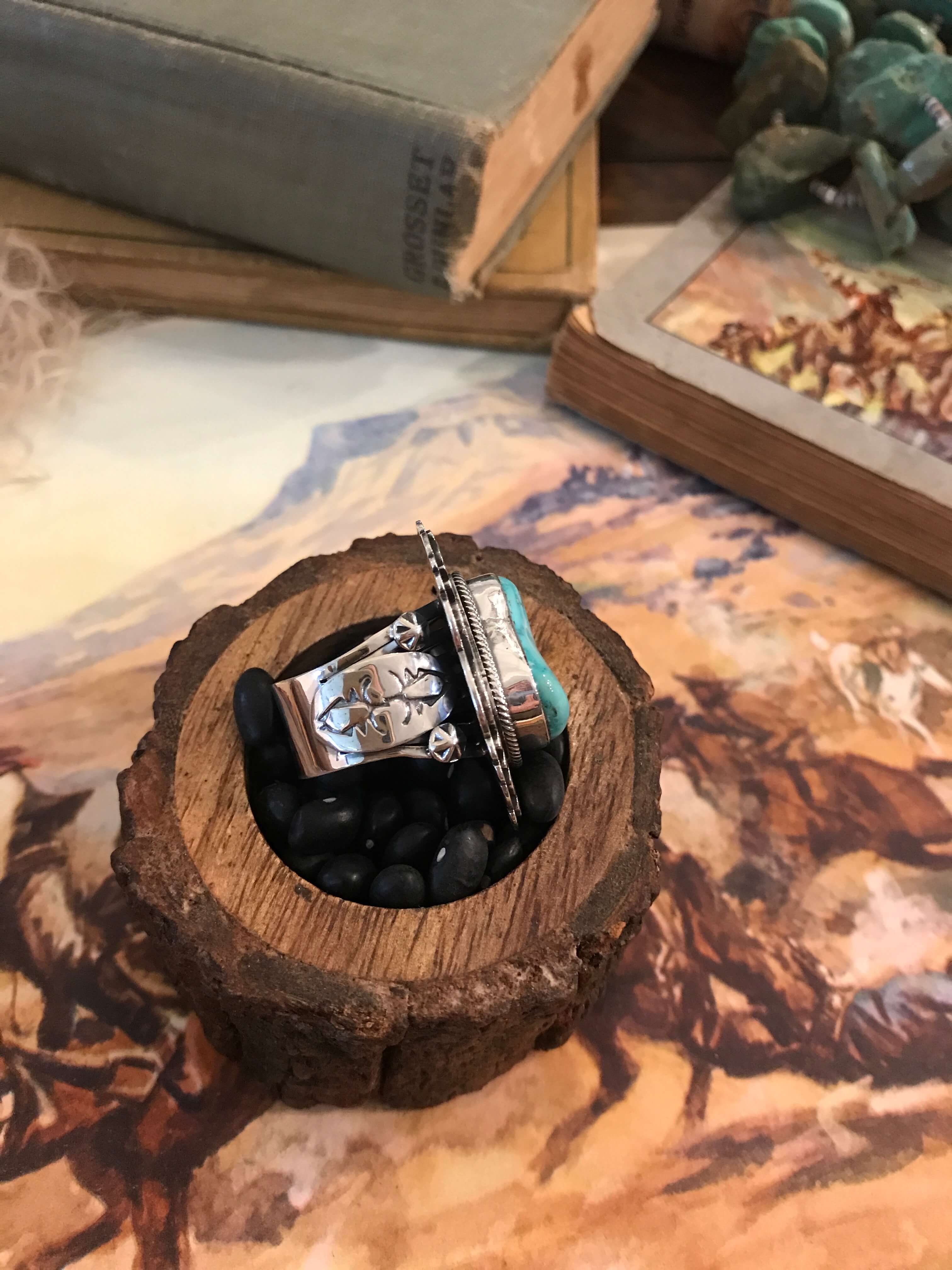 The Grandfalls Turquoise Ring 2, Sz. 8-Rings-Calli Co., Turquoise and Silver Jewelry, Native American Handmade, Zuni Tribe, Navajo Tribe, Brock Texas