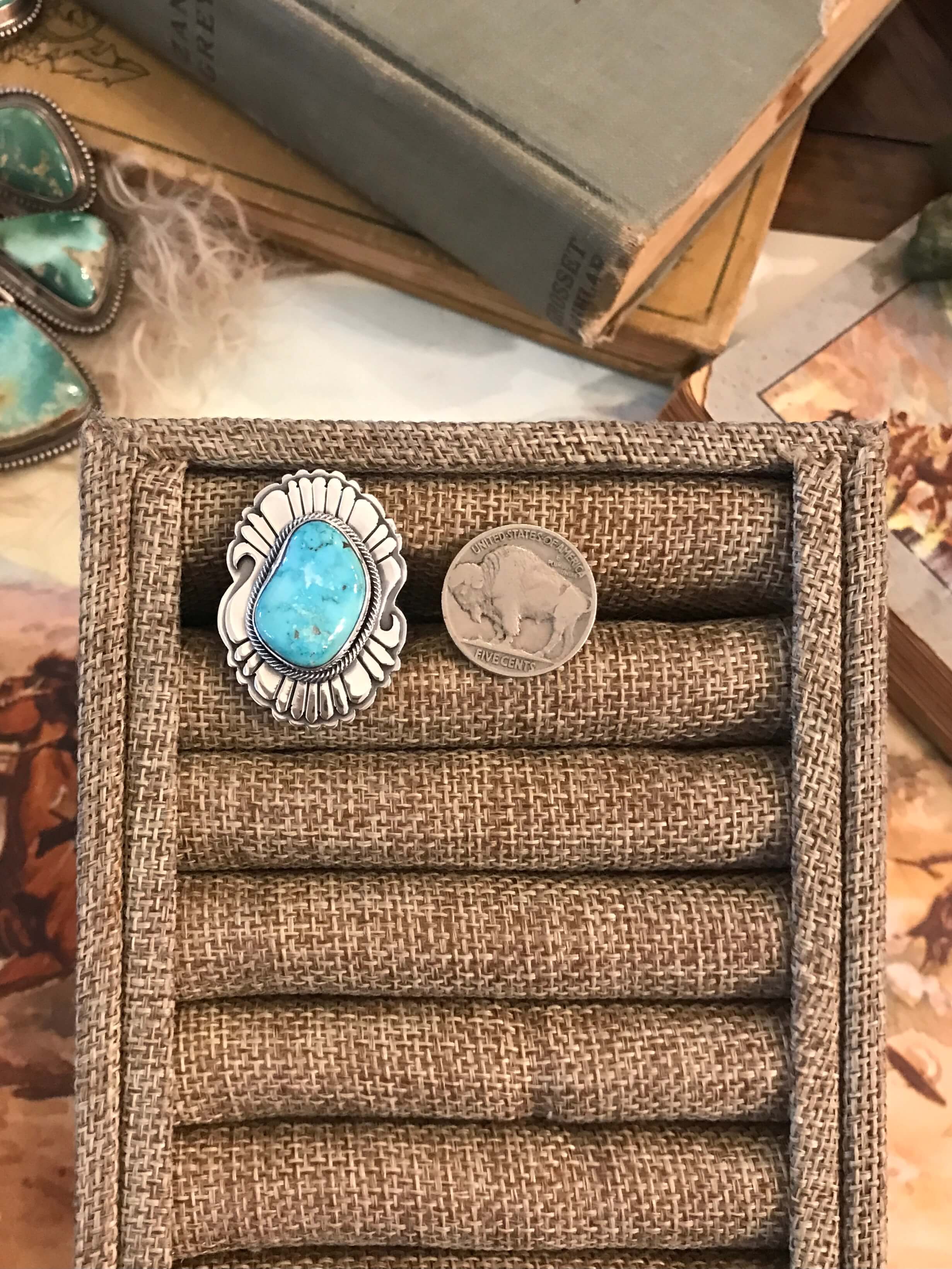 The Grandfalls Turquoise Ring 2, Sz. 8-Rings-Calli Co., Turquoise and Silver Jewelry, Native American Handmade, Zuni Tribe, Navajo Tribe, Brock Texas