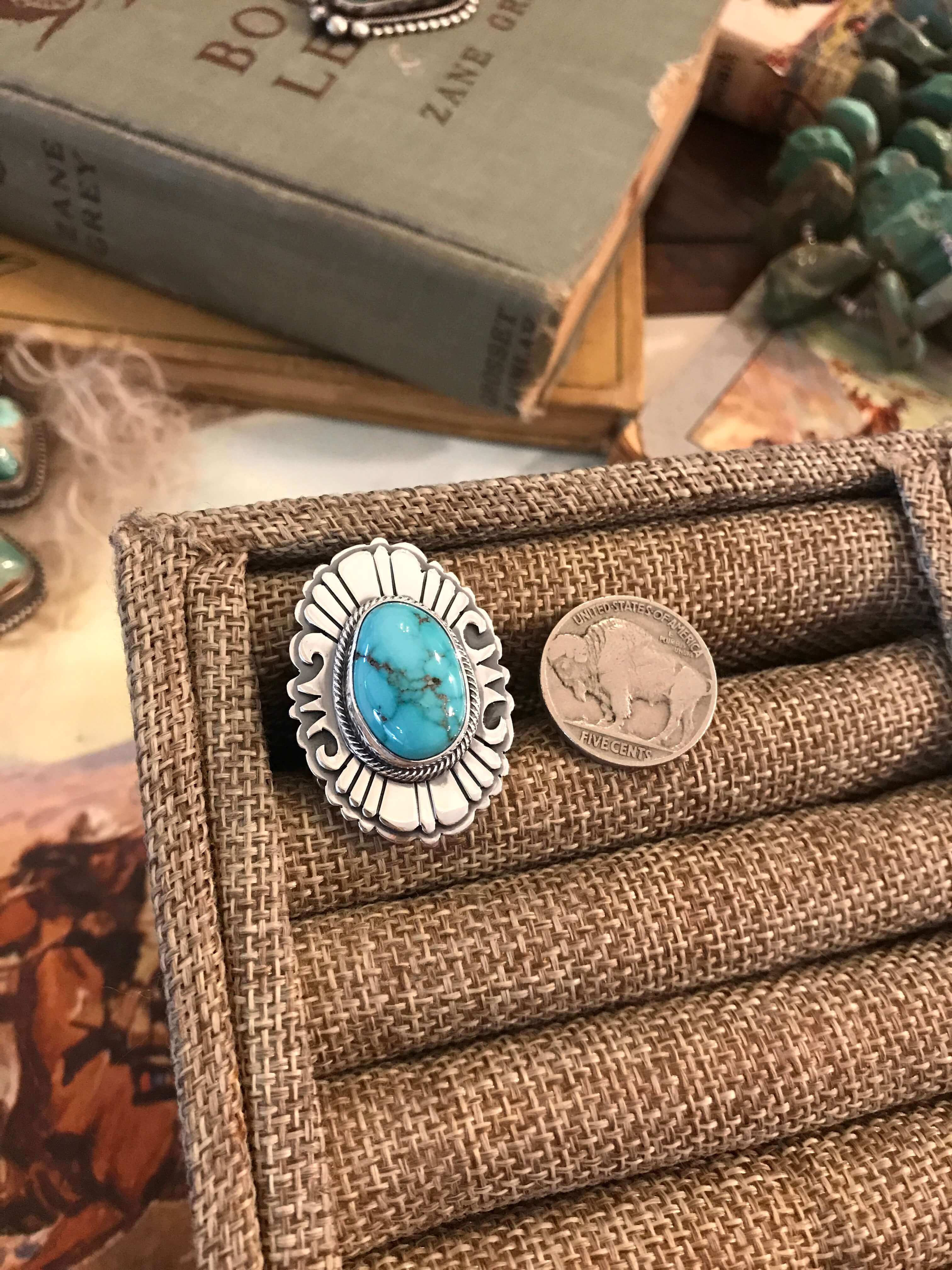 The Grandfalls Turquoise Ring 1, Sz. 8-Rings-Calli Co., Turquoise and Silver Jewelry, Native American Handmade, Zuni Tribe, Navajo Tribe, Brock Texas