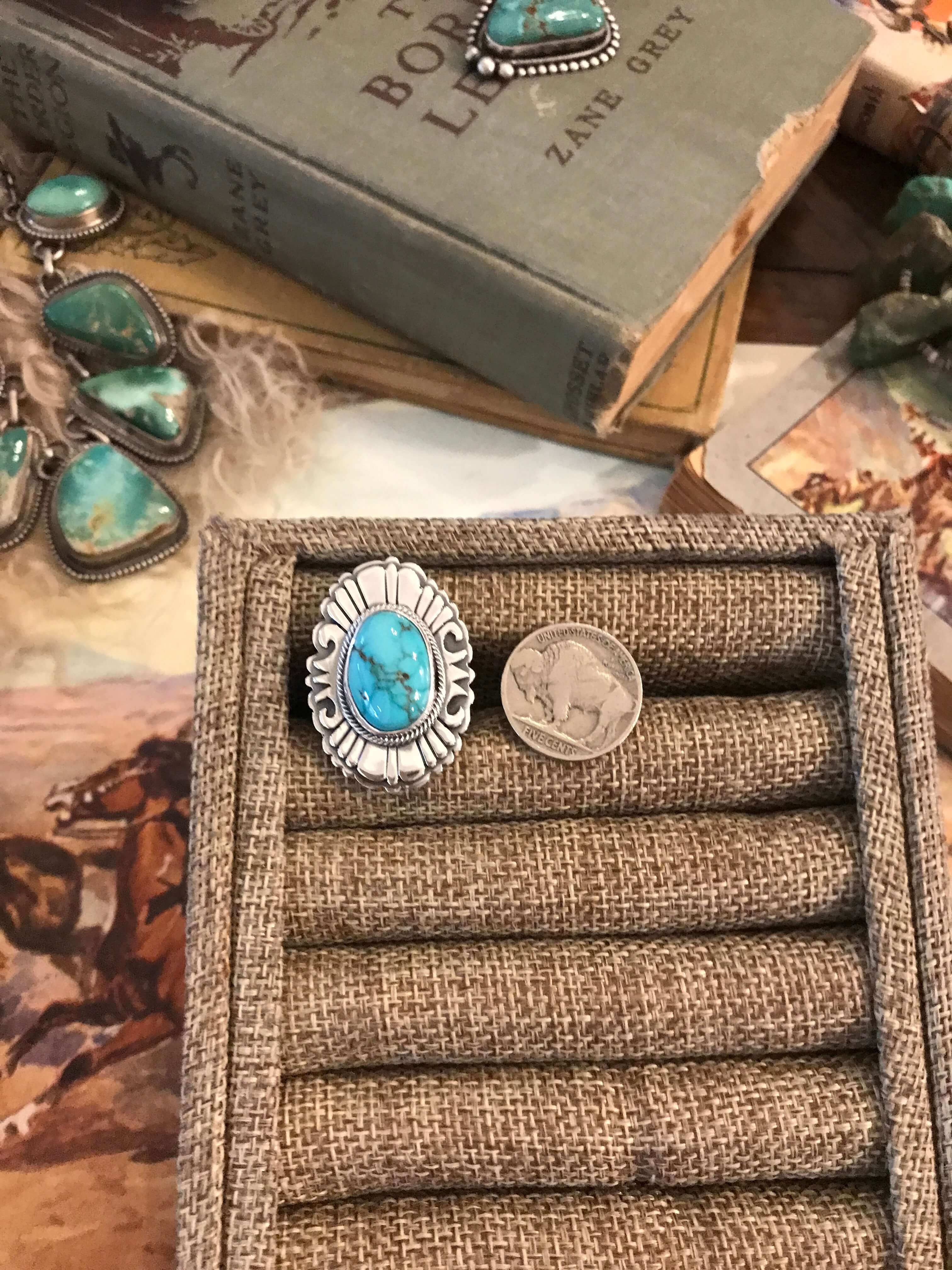 The Grandfalls Turquoise Ring 1, Sz. 8-Rings-Calli Co., Turquoise and Silver Jewelry, Native American Handmade, Zuni Tribe, Navajo Tribe, Brock Texas
