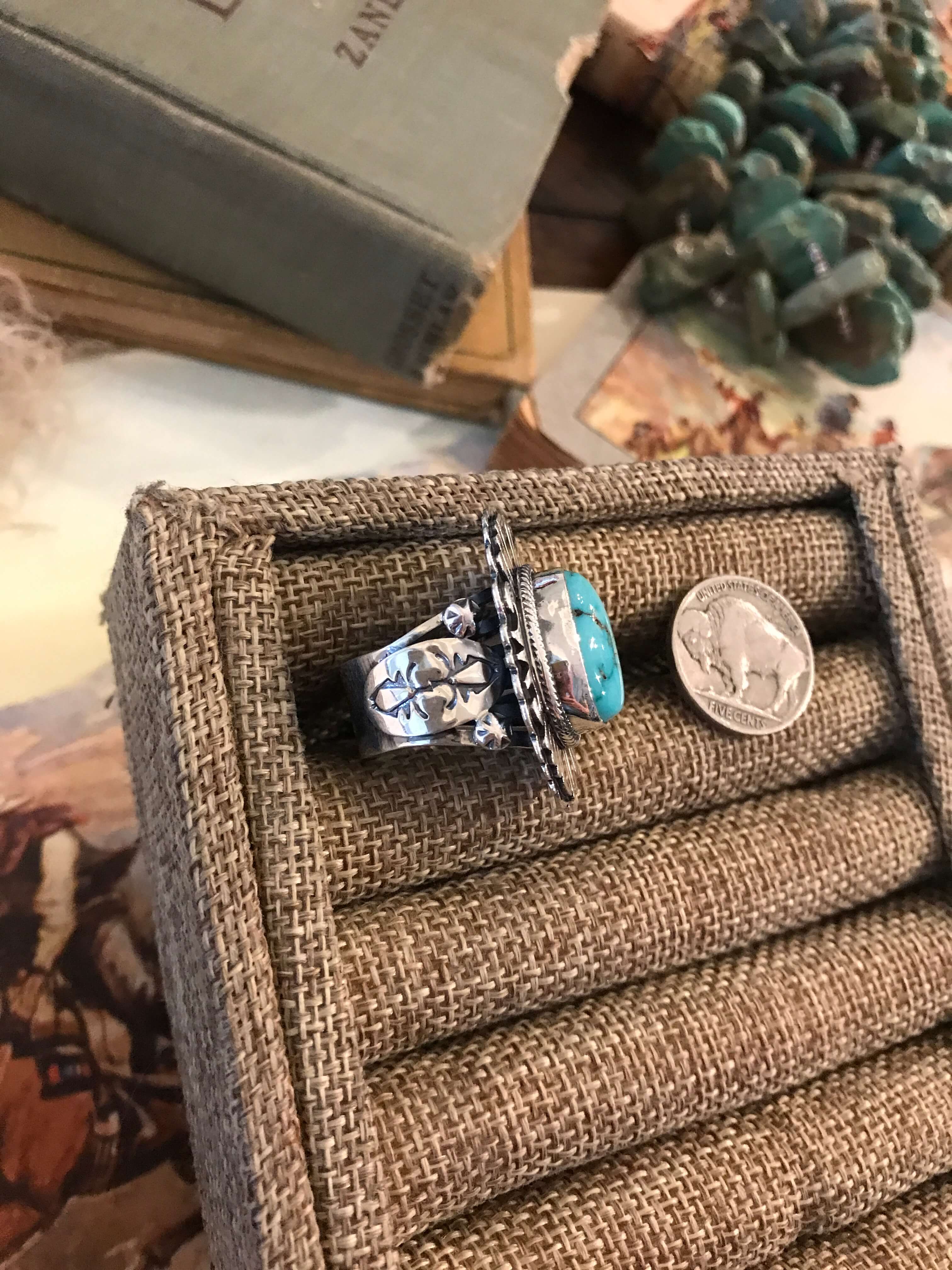 The Grandfalls Turquoise Ring 1, Sz. 8-Rings-Calli Co., Turquoise and Silver Jewelry, Native American Handmade, Zuni Tribe, Navajo Tribe, Brock Texas