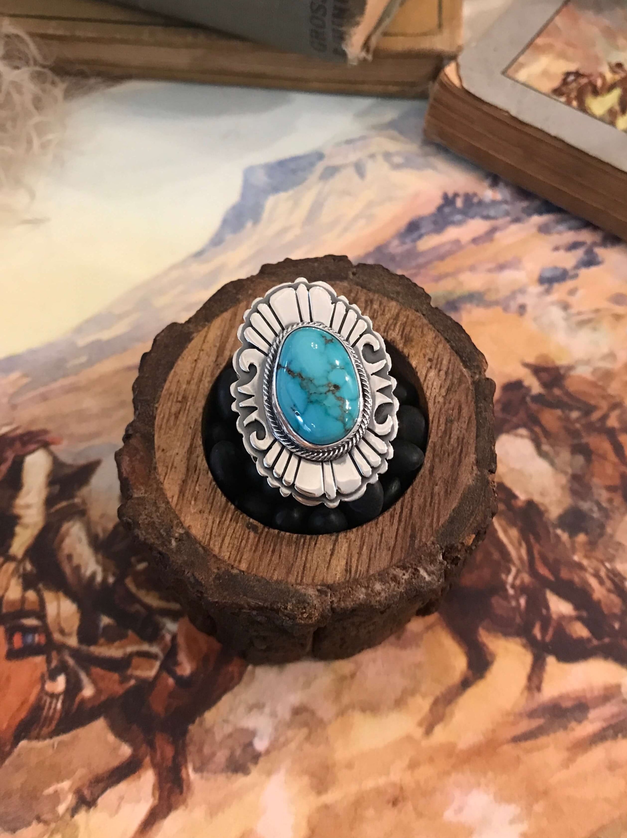The Grandfalls Turquoise Ring 1, Sz. 8-Rings-Calli Co., Turquoise and Silver Jewelry, Native American Handmade, Zuni Tribe, Navajo Tribe, Brock Texas