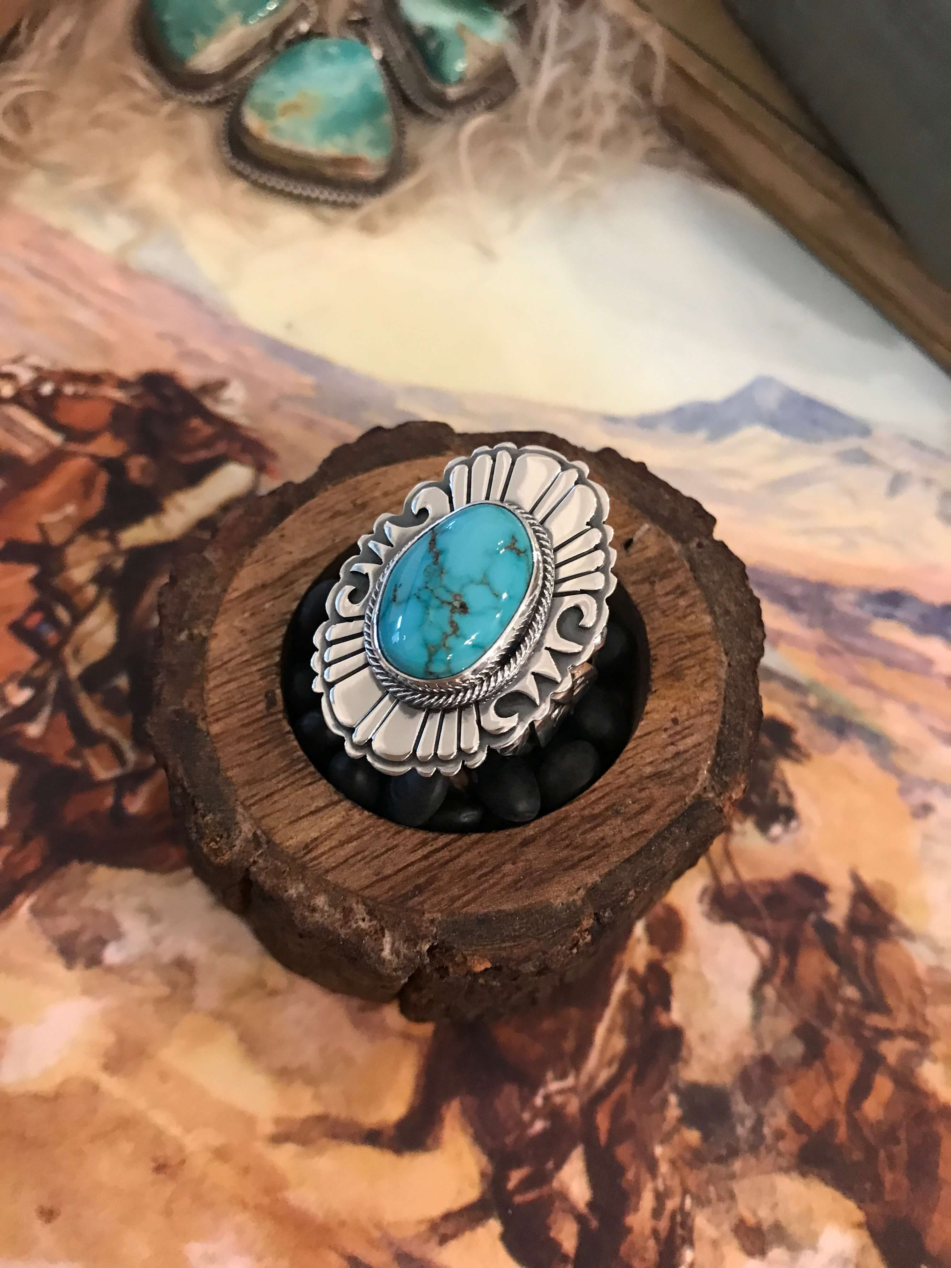 The Grandfalls Turquoise Ring 1, Sz. 8-Rings-Calli Co., Turquoise and Silver Jewelry, Native American Handmade, Zuni Tribe, Navajo Tribe, Brock Texas