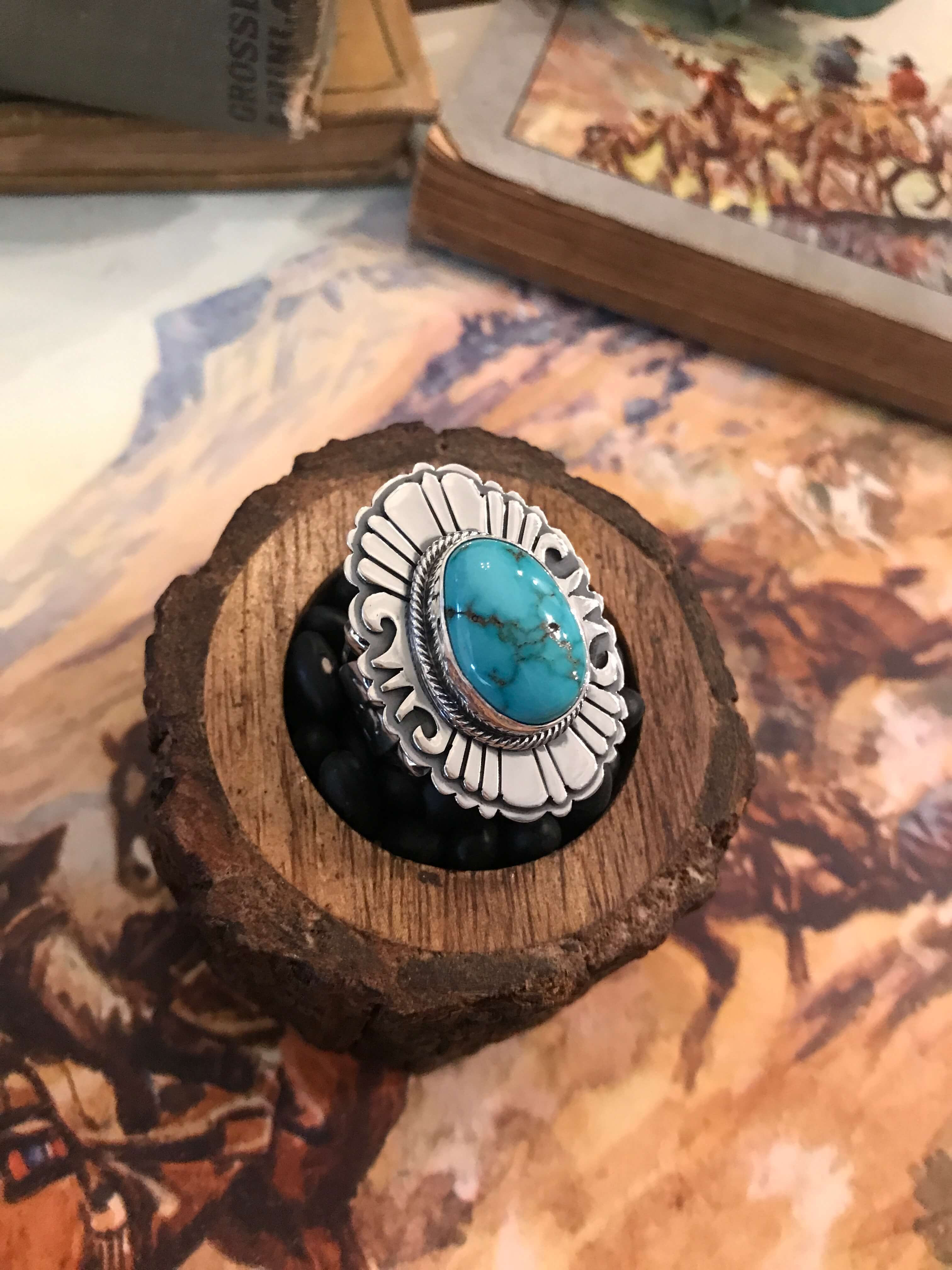 The Grandfalls Turquoise Ring 1, Sz. 8-Rings-Calli Co., Turquoise and Silver Jewelry, Native American Handmade, Zuni Tribe, Navajo Tribe, Brock Texas