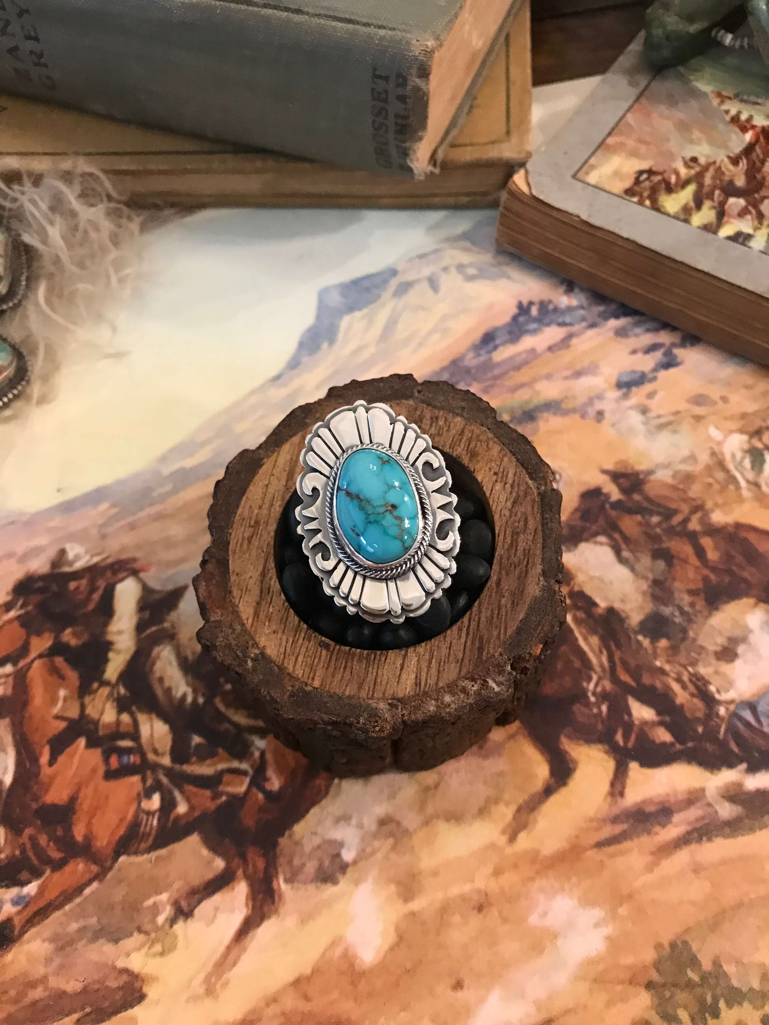 The Grandfalls Turquoise Ring 1, Sz. 8-Rings-Calli Co., Turquoise and Silver Jewelry, Native American Handmade, Zuni Tribe, Navajo Tribe, Brock Texas