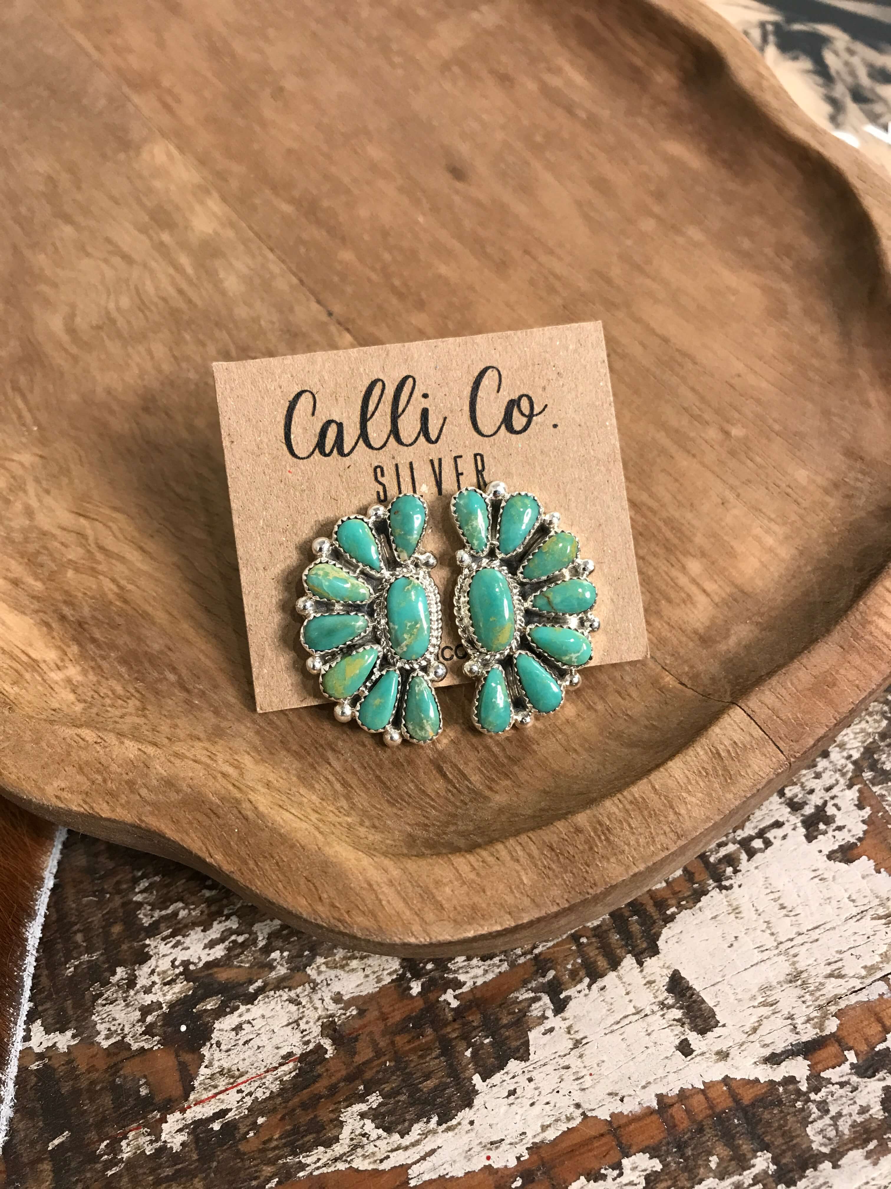 The Woodson Half Cluster Earrings, 4-Earrings-Calli Co., Turquoise and Silver Jewelry, Native American Handmade, Zuni Tribe, Navajo Tribe, Brock Texas