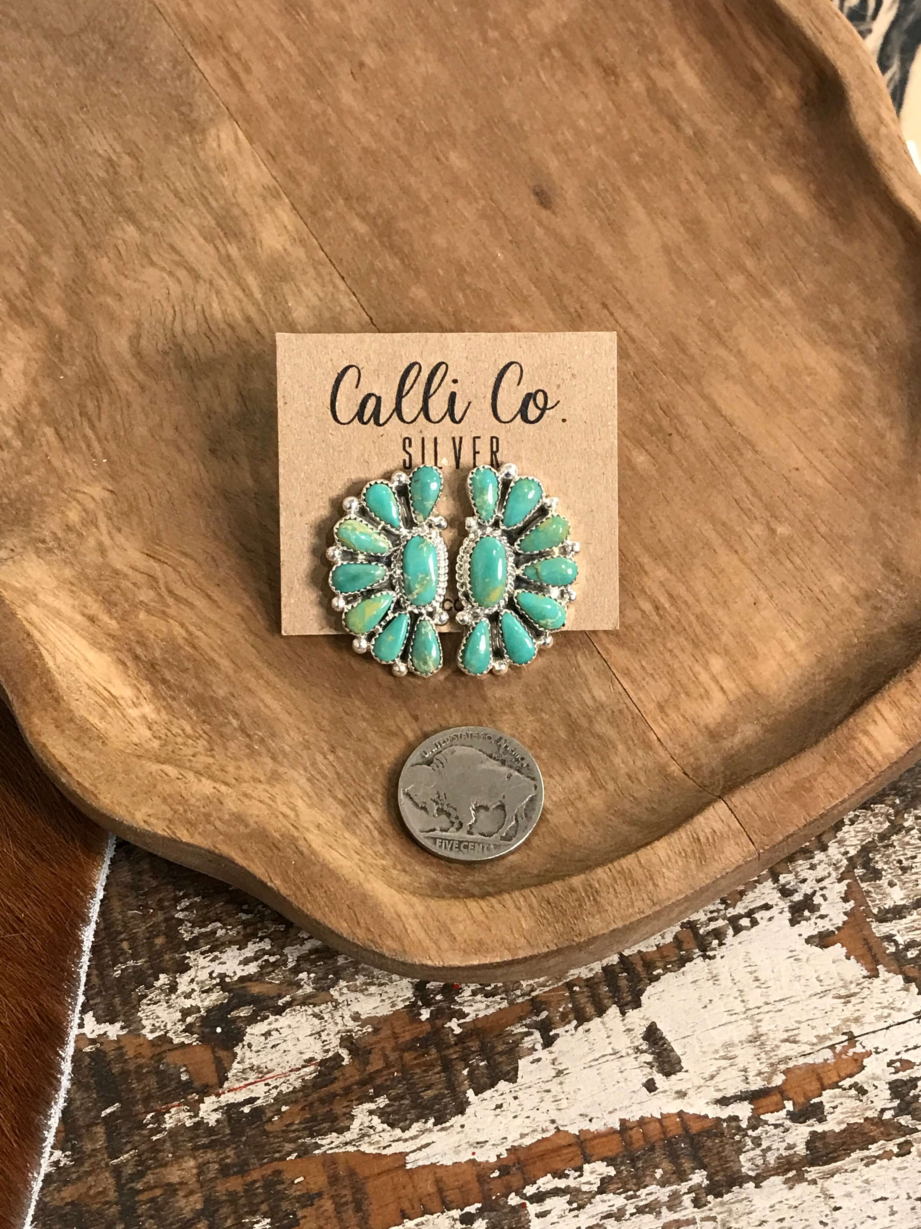 The Woodson Half Cluster Earrings, 4-Earrings-Calli Co., Turquoise and Silver Jewelry, Native American Handmade, Zuni Tribe, Navajo Tribe, Brock Texas