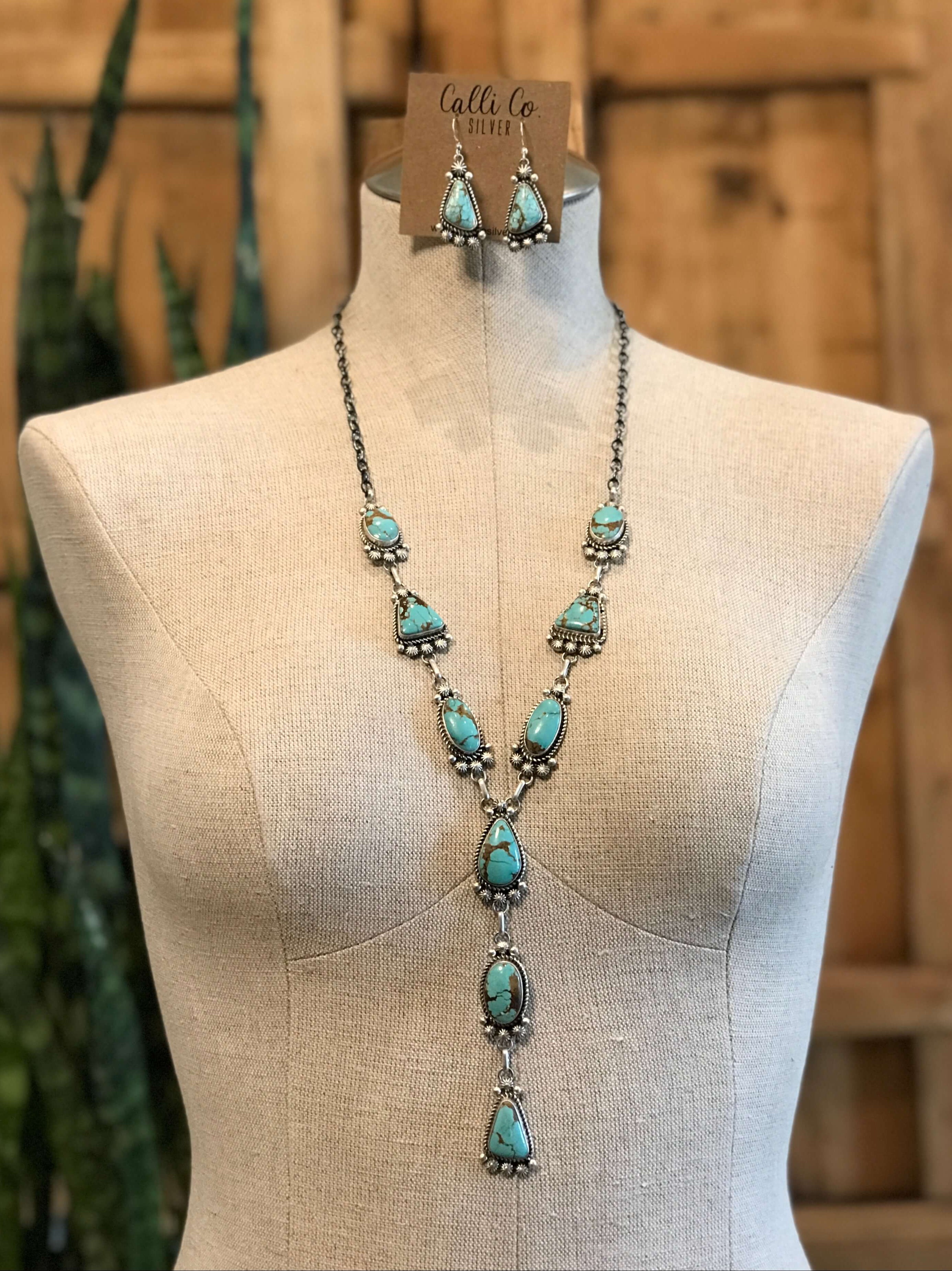 The Andie Turquoise Lariat Necklace Set-Necklaces-Calli Co., Turquoise and Silver Jewelry, Native American Handmade, Zuni Tribe, Navajo Tribe, Brock Texas