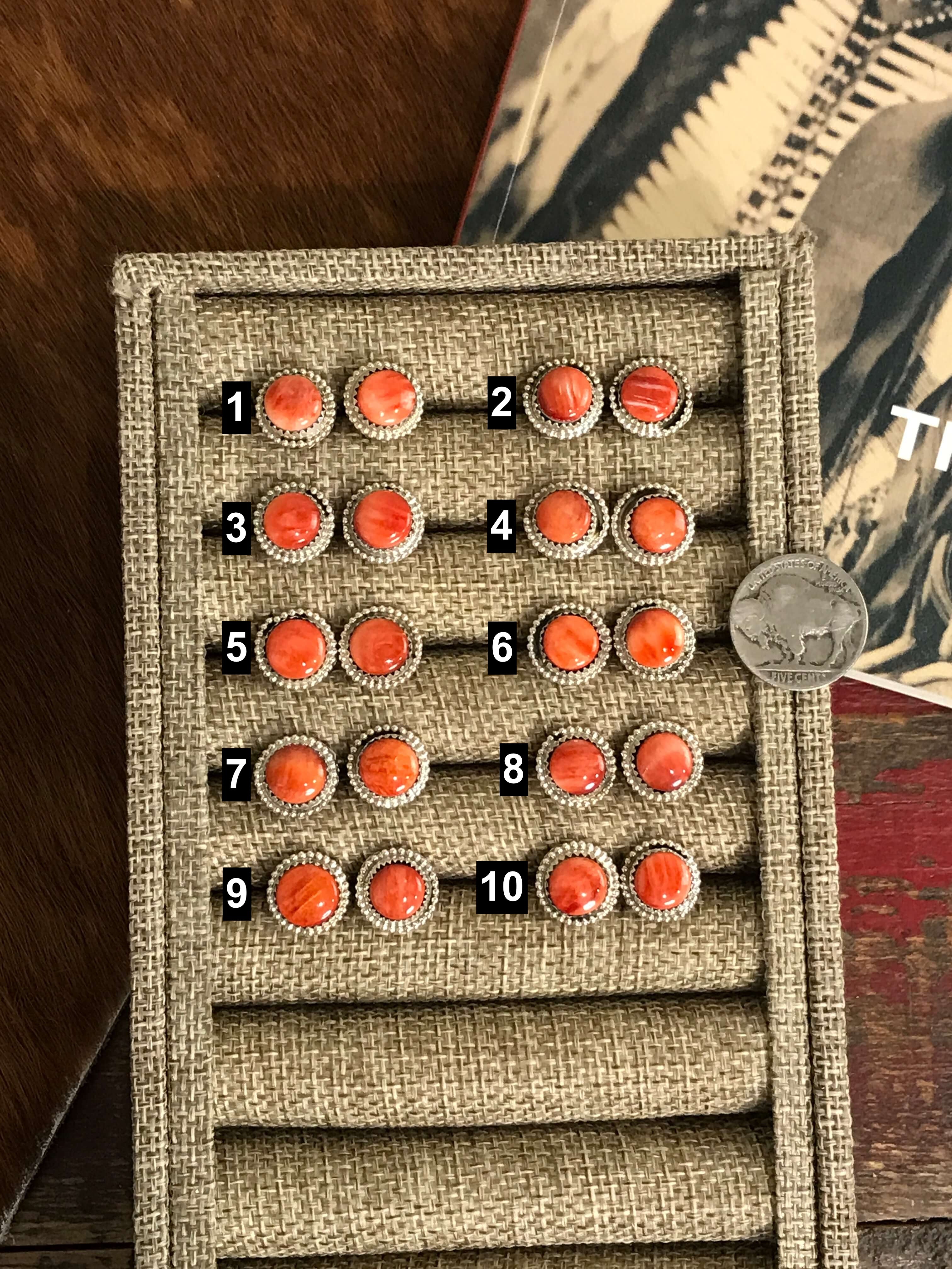 The Petite Red Spiny Studs-Earrings-Calli Co., Turquoise and Silver Jewelry, Native American Handmade, Zuni Tribe, Navajo Tribe, Brock Texas