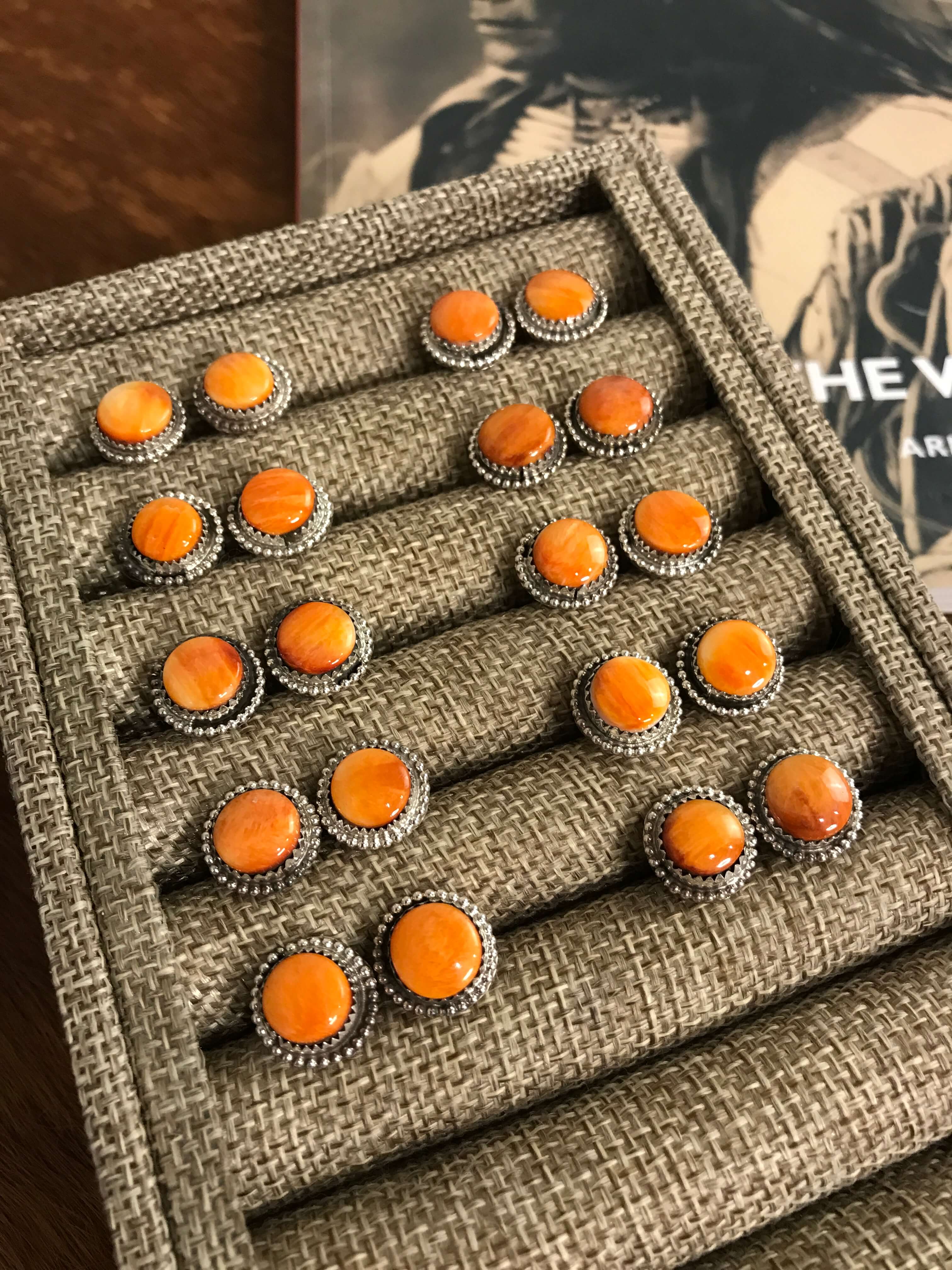 The Petite Orange Spiny Studs-Earrings-Calli Co., Turquoise and Silver Jewelry, Native American Handmade, Zuni Tribe, Navajo Tribe, Brock Texas