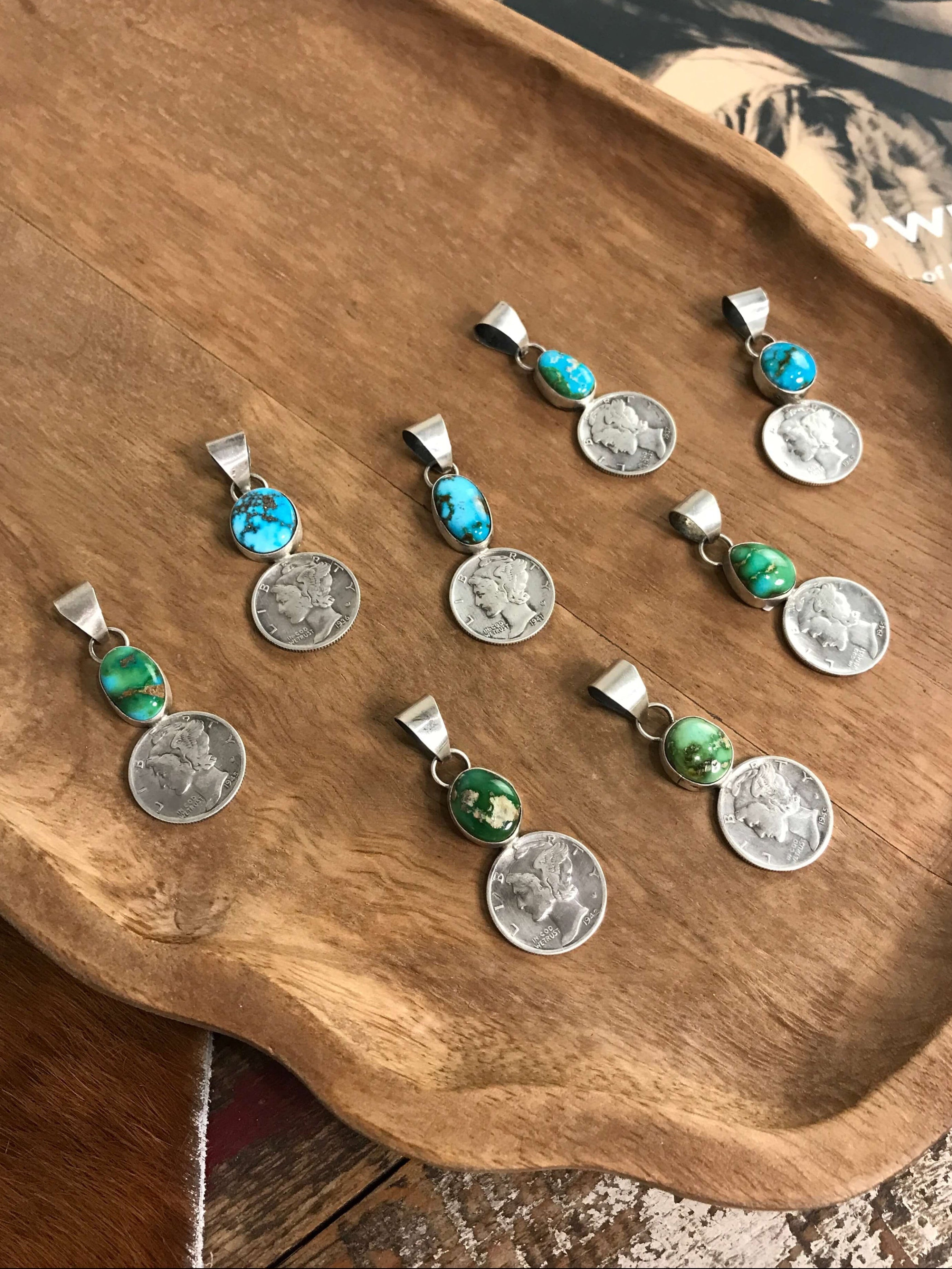 The Dime Pendant in Turquoise-Pendants-Calli Co., Turquoise and Silver Jewelry, Native American Handmade, Zuni Tribe, Navajo Tribe, Brock Texas