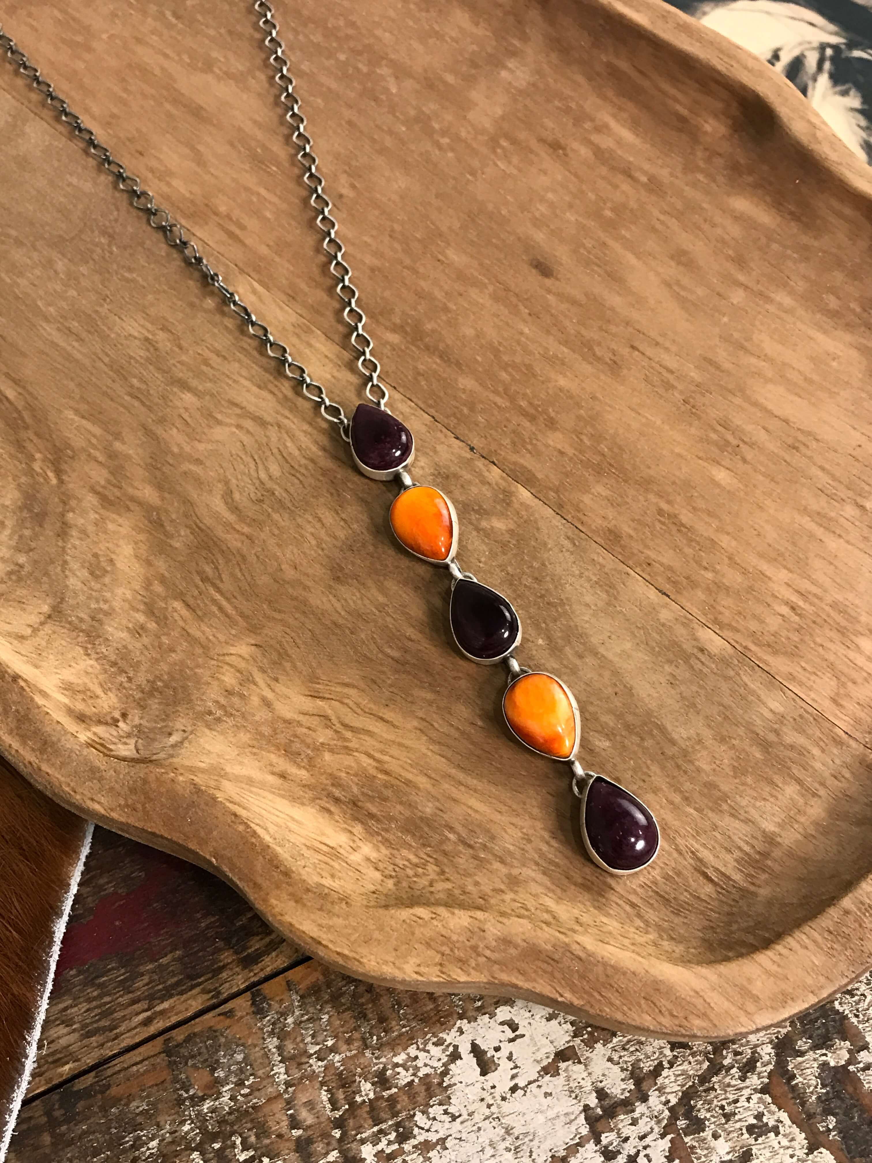 The Arroyo Lariat Necklace in Spiny Oyster, 3-Necklaces-Calli Co., Turquoise and Silver Jewelry, Native American Handmade, Zuni Tribe, Navajo Tribe, Brock Texas