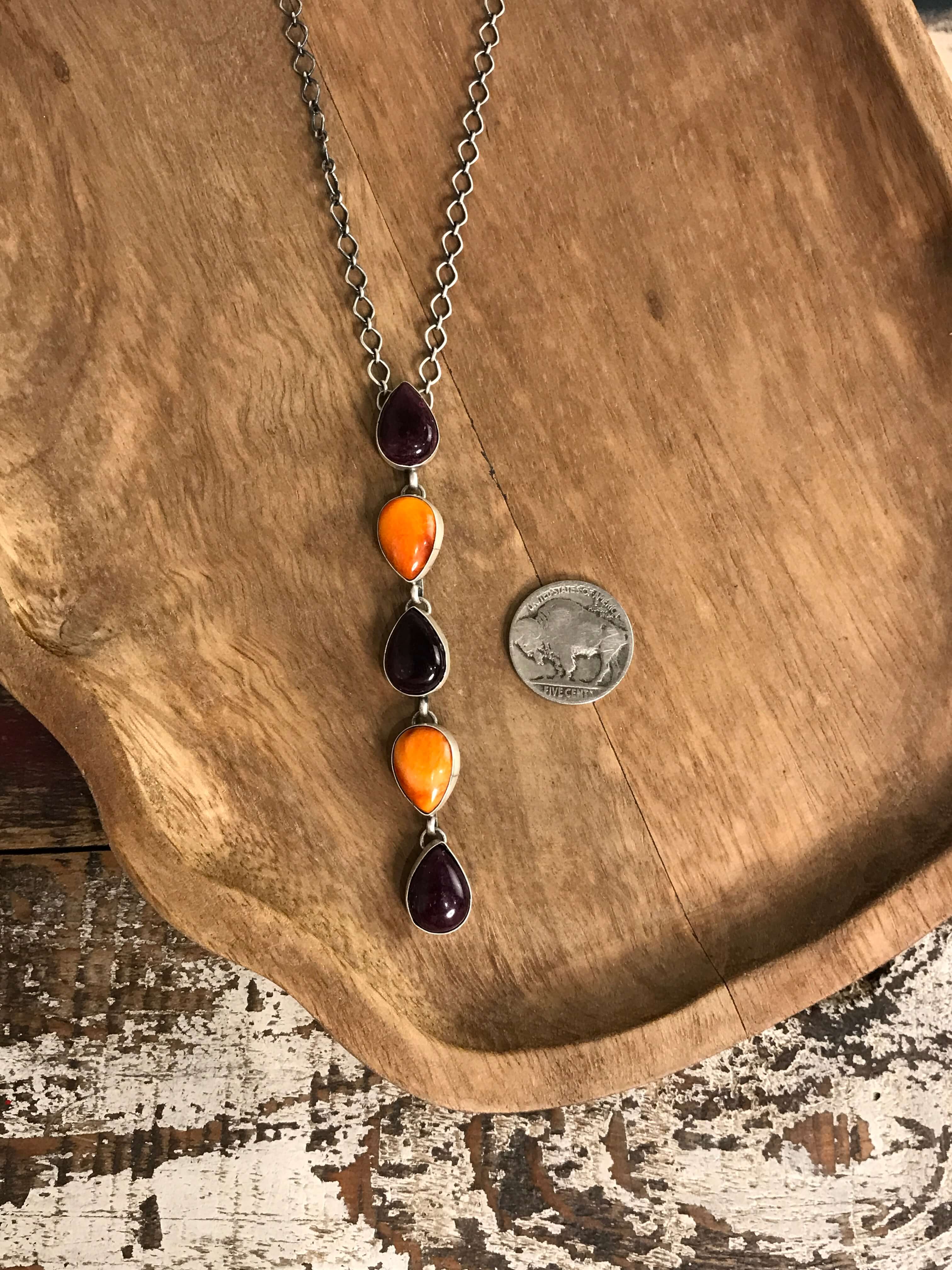 The Arroyo Lariat Necklace in Spiny Oyster, 3-Necklaces-Calli Co., Turquoise and Silver Jewelry, Native American Handmade, Zuni Tribe, Navajo Tribe, Brock Texas