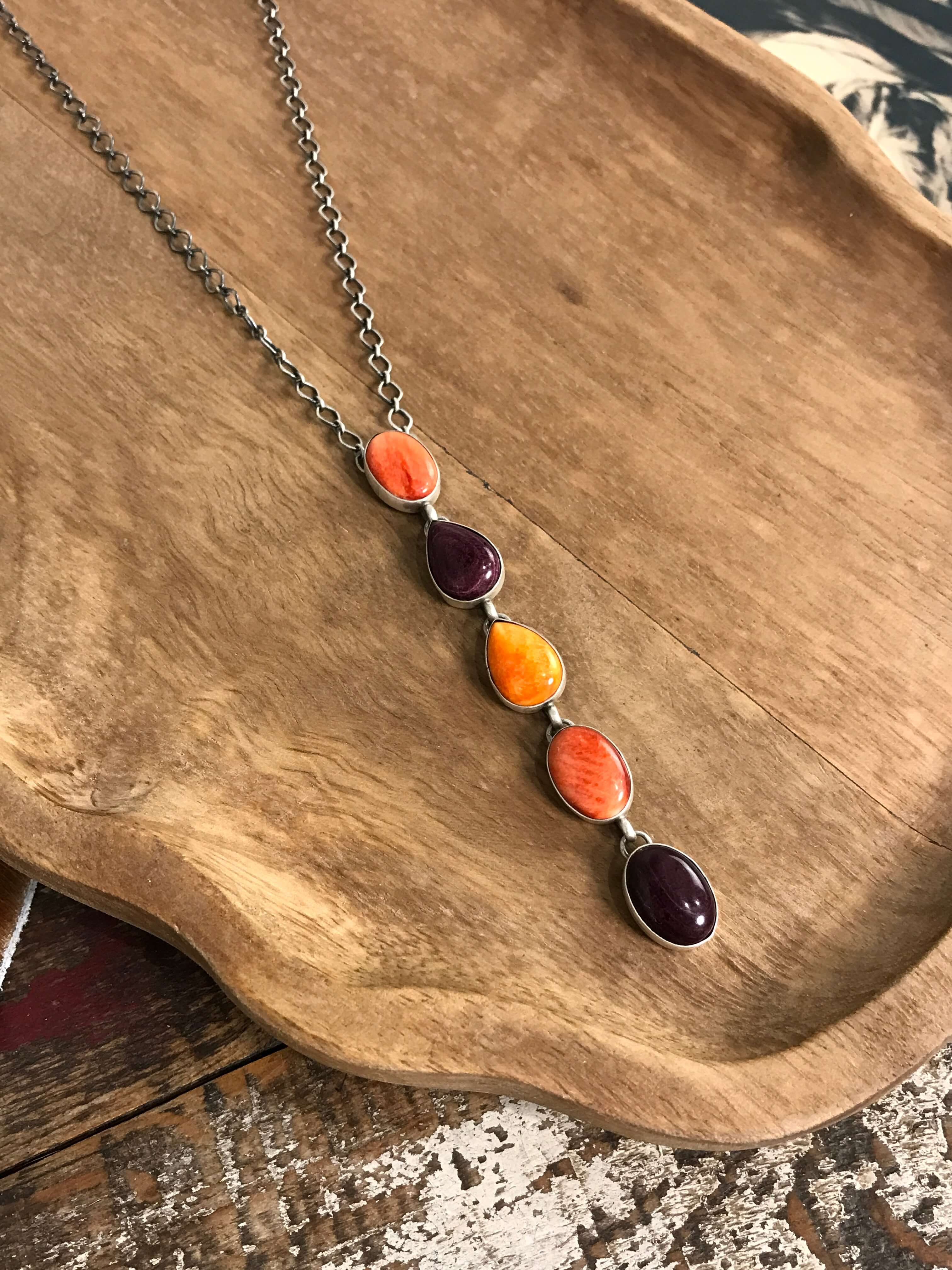 The Arroyo Lariat Necklace in Spiny Oyster, 4-Necklaces-Calli Co., Turquoise and Silver Jewelry, Native American Handmade, Zuni Tribe, Navajo Tribe, Brock Texas