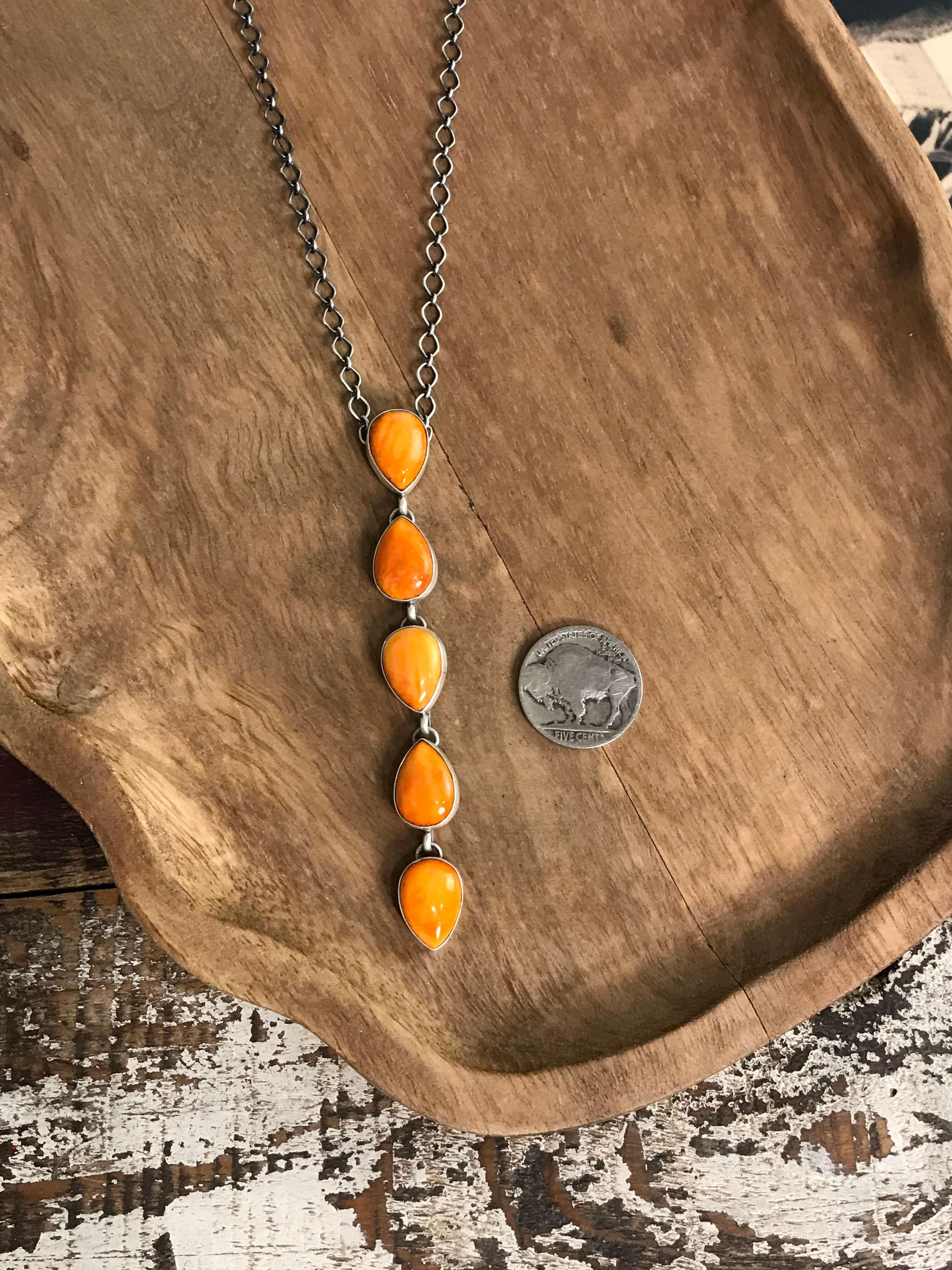 The Arroyo Lariat Necklace in Spiny Oyster, 6-Necklaces-Calli Co., Turquoise and Silver Jewelry, Native American Handmade, Zuni Tribe, Navajo Tribe, Brock Texas