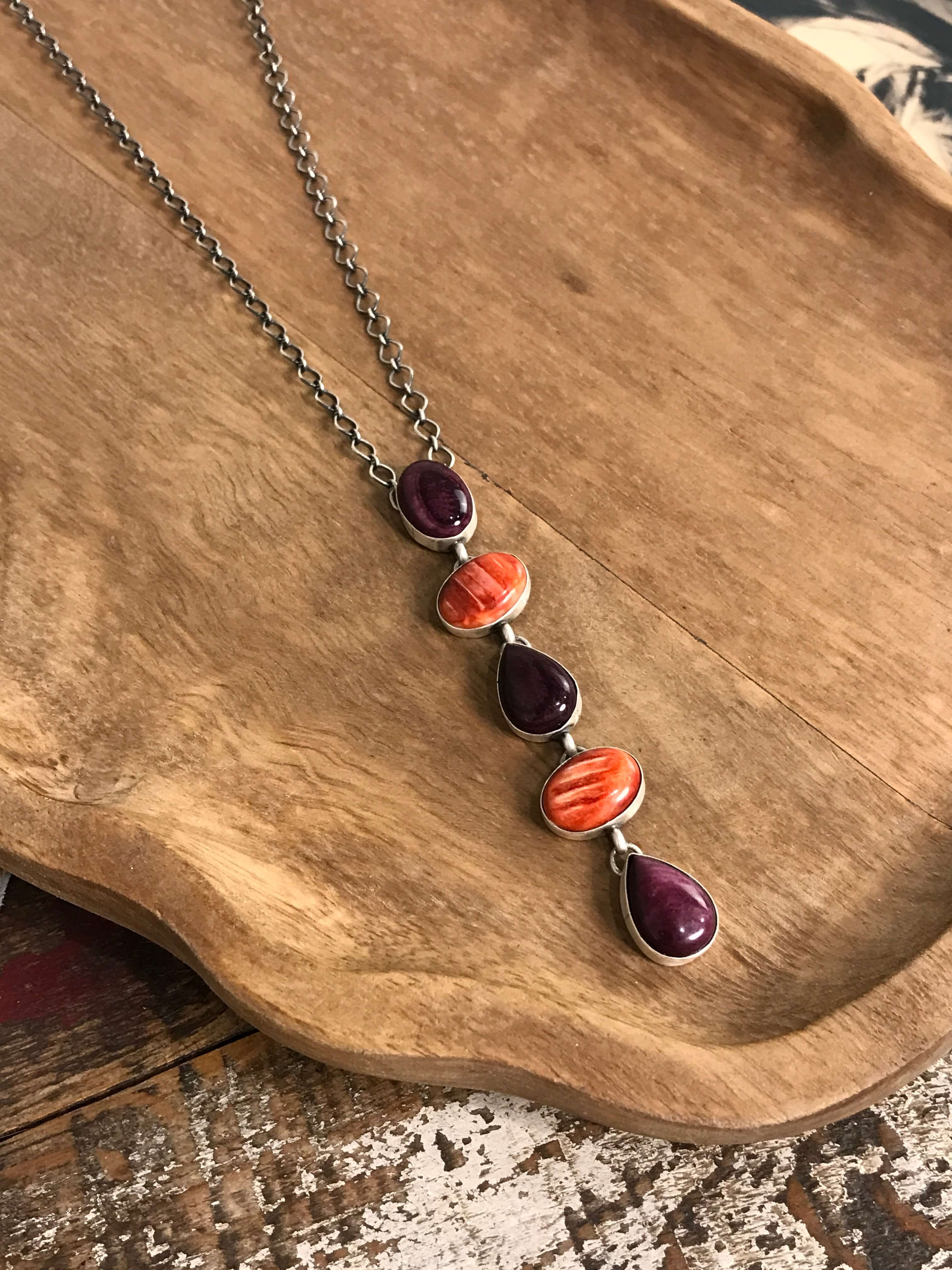 The Arroyo Lariat Necklace in Spiny Oyster, 8-Necklaces-Calli Co., Turquoise and Silver Jewelry, Native American Handmade, Zuni Tribe, Navajo Tribe, Brock Texas