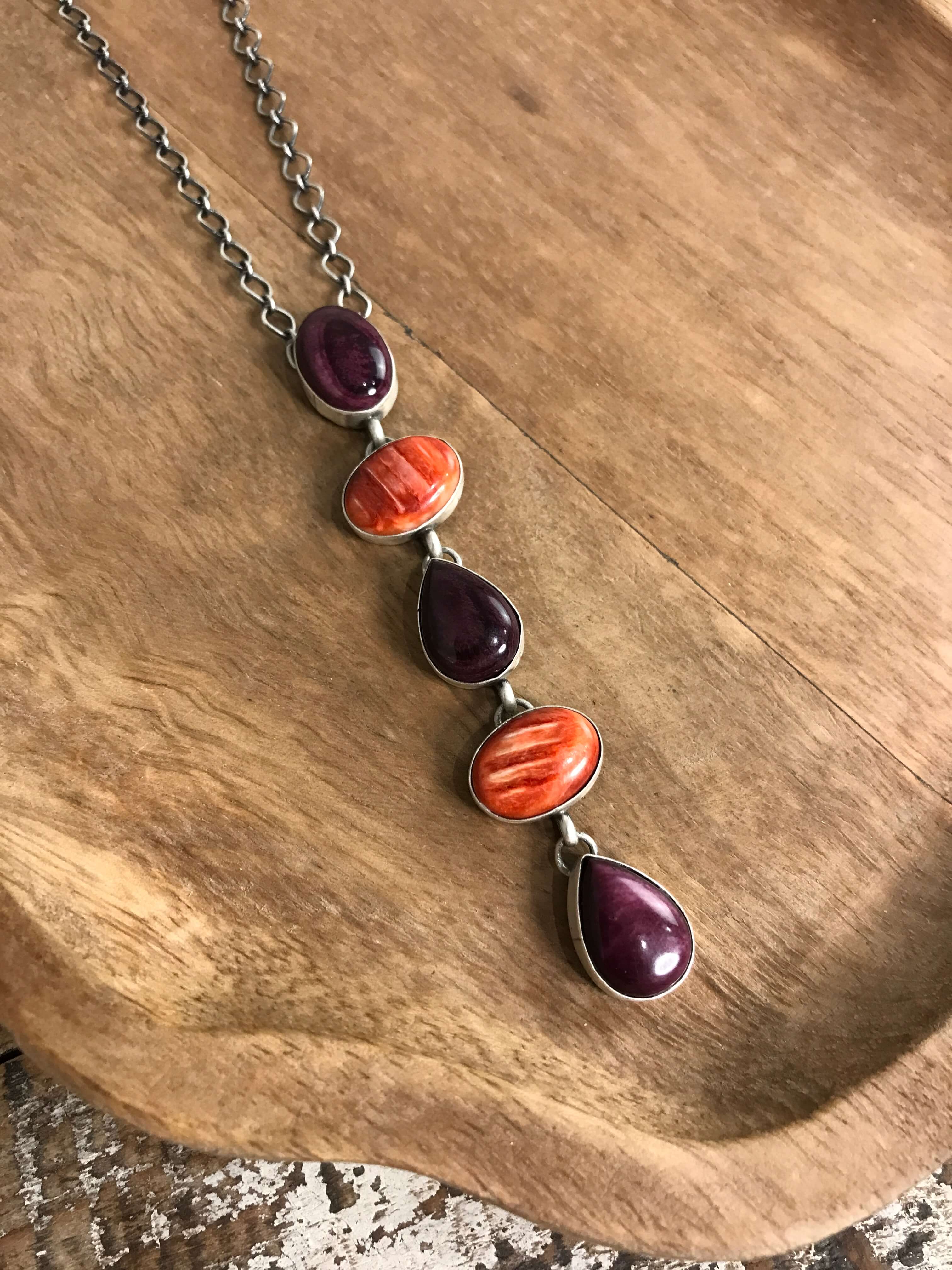 The Arroyo Lariat Necklace in Spiny Oyster, 8-Necklaces-Calli Co., Turquoise and Silver Jewelry, Native American Handmade, Zuni Tribe, Navajo Tribe, Brock Texas