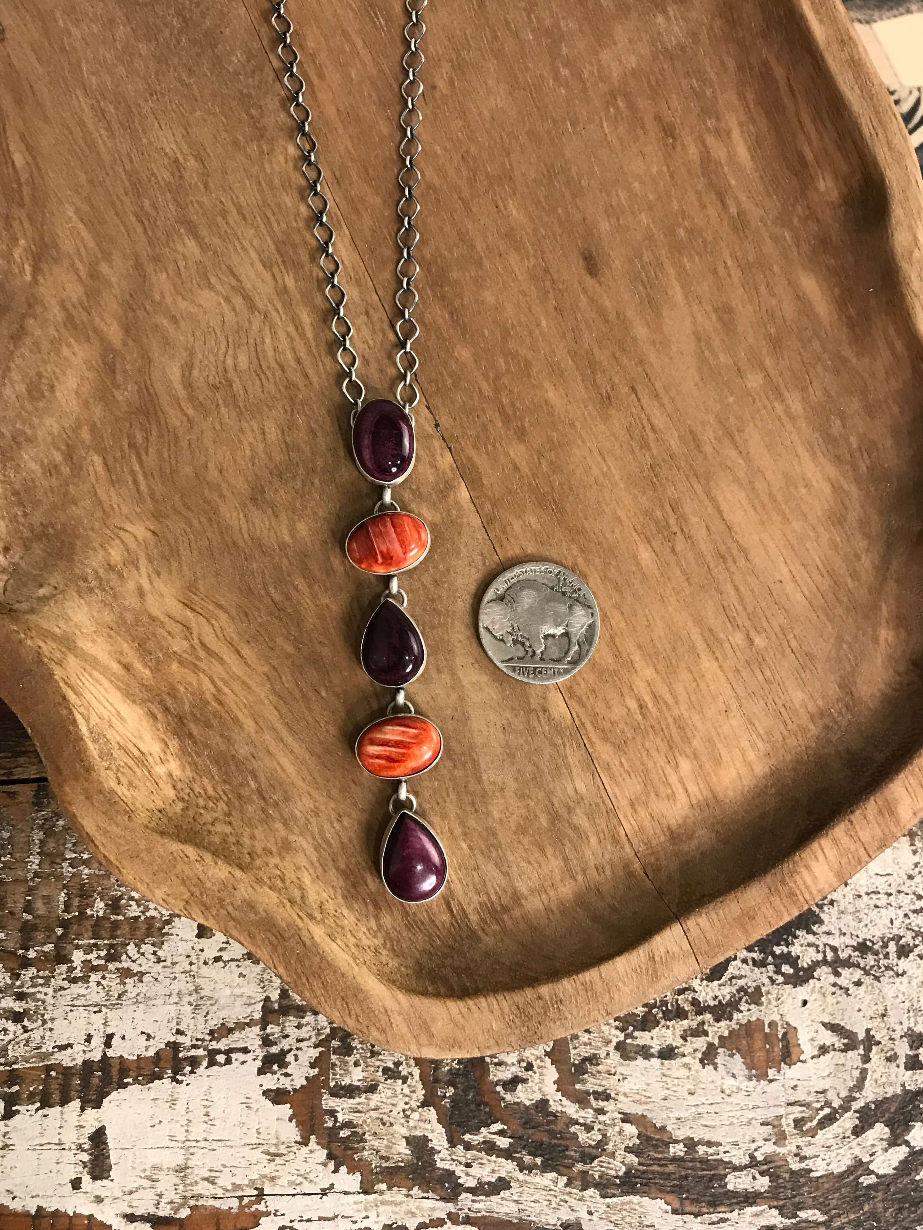 The Arroyo Lariat Necklace in Spiny Oyster, 8-Necklaces-Calli Co., Turquoise and Silver Jewelry, Native American Handmade, Zuni Tribe, Navajo Tribe, Brock Texas