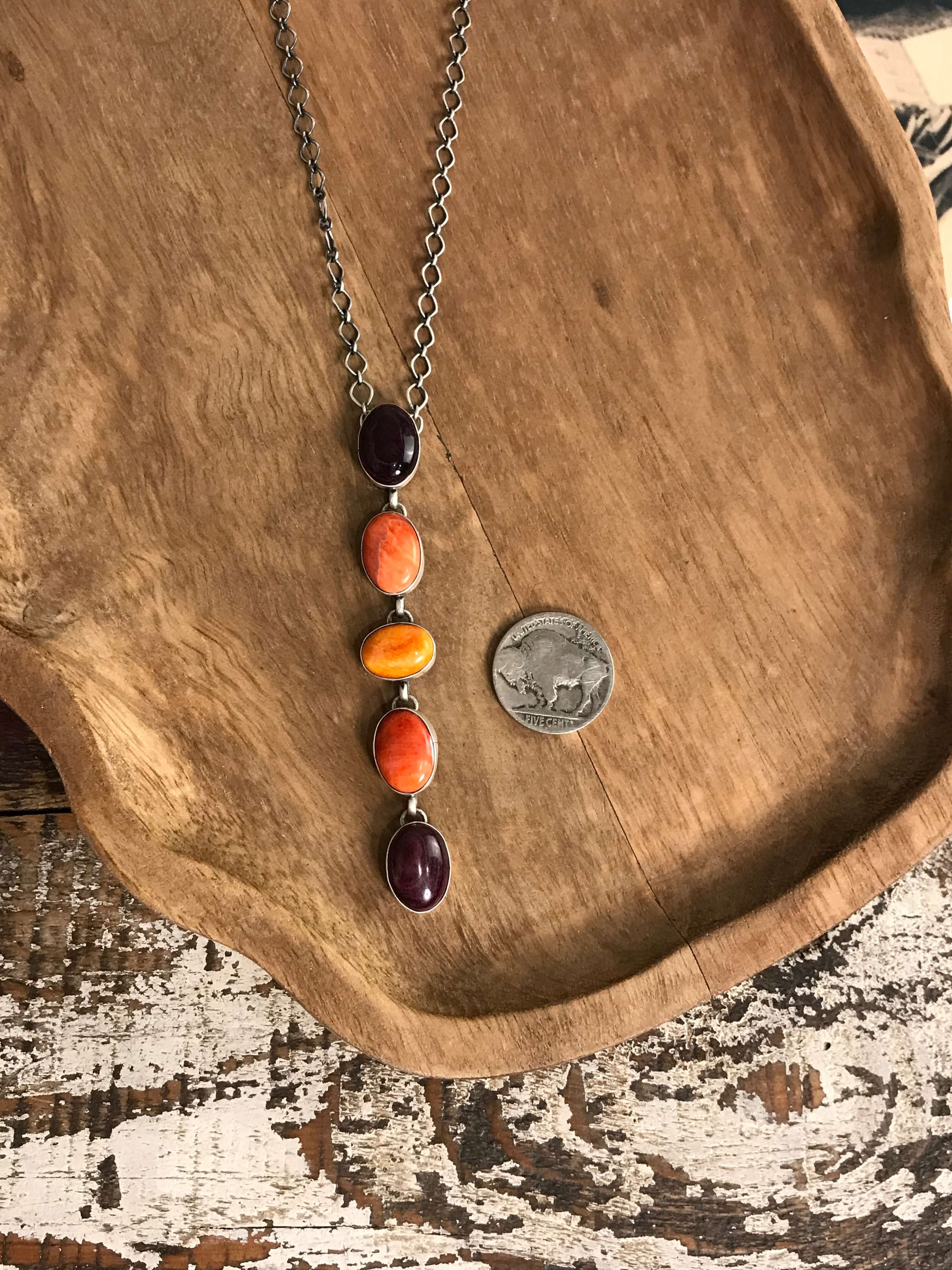 The Arroyo Lariat Necklace in Spiny Oyster, 9-Necklaces-Calli Co., Turquoise and Silver Jewelry, Native American Handmade, Zuni Tribe, Navajo Tribe, Brock Texas