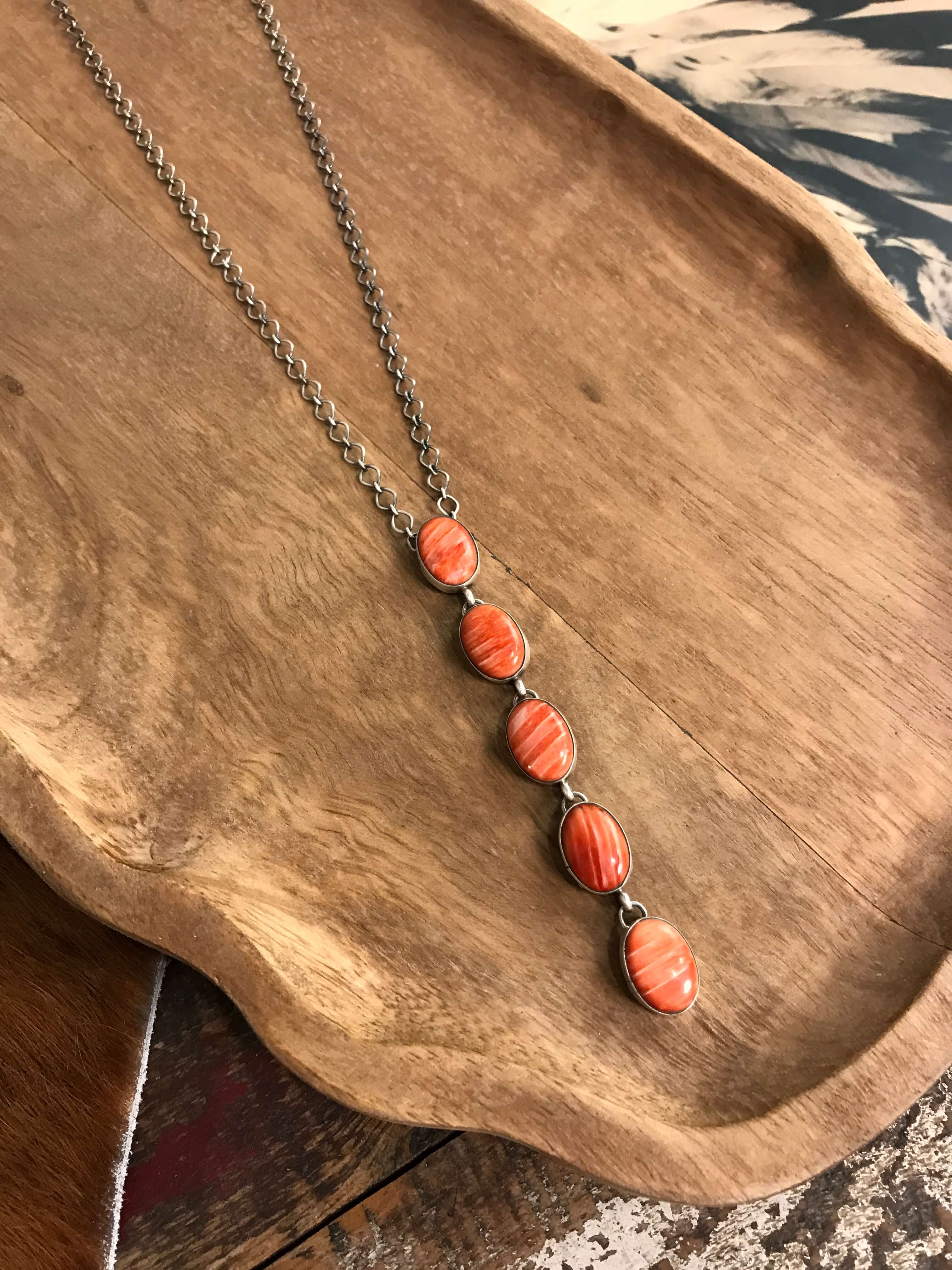 The Arroyo Lariat Necklace in Spiny Oyster, 12-Necklaces-Calli Co., Turquoise and Silver Jewelry, Native American Handmade, Zuni Tribe, Navajo Tribe, Brock Texas