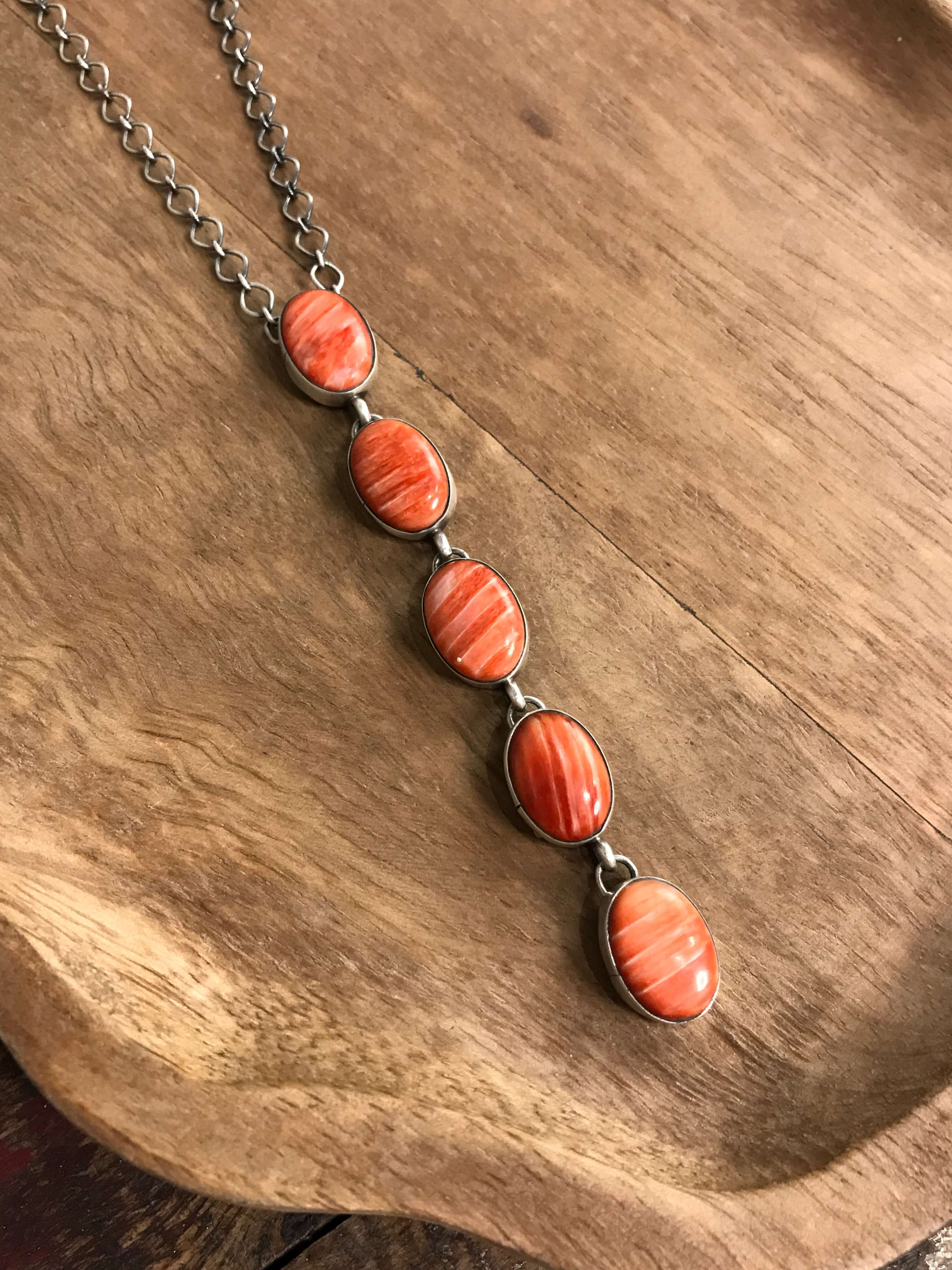 The Arroyo Lariat Necklace in Spiny Oyster, 12-Necklaces-Calli Co., Turquoise and Silver Jewelry, Native American Handmade, Zuni Tribe, Navajo Tribe, Brock Texas