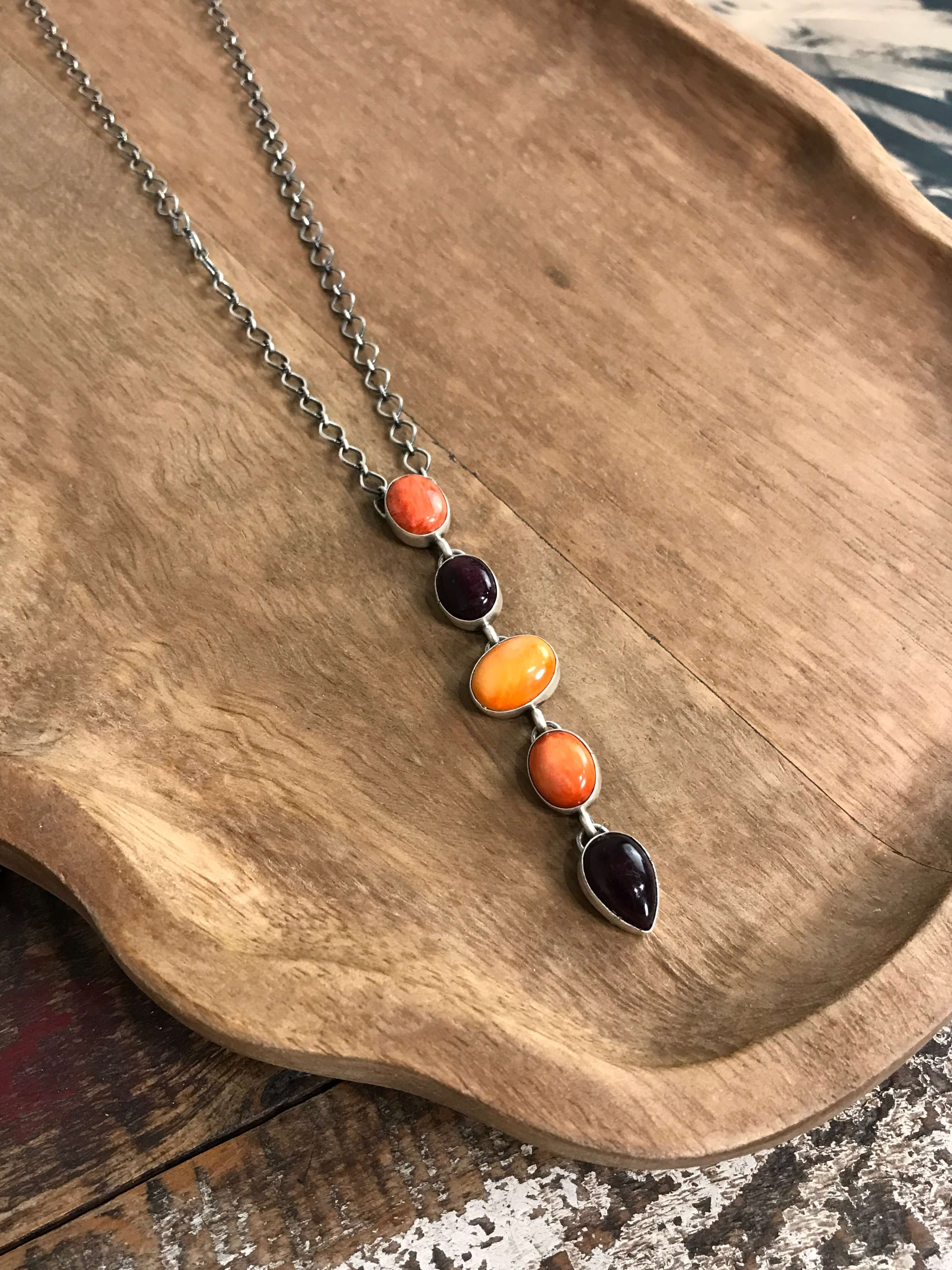 The Arroyo Lariat Necklace in Spiny Oyster, 14-Necklaces-Calli Co., Turquoise and Silver Jewelry, Native American Handmade, Zuni Tribe, Navajo Tribe, Brock Texas