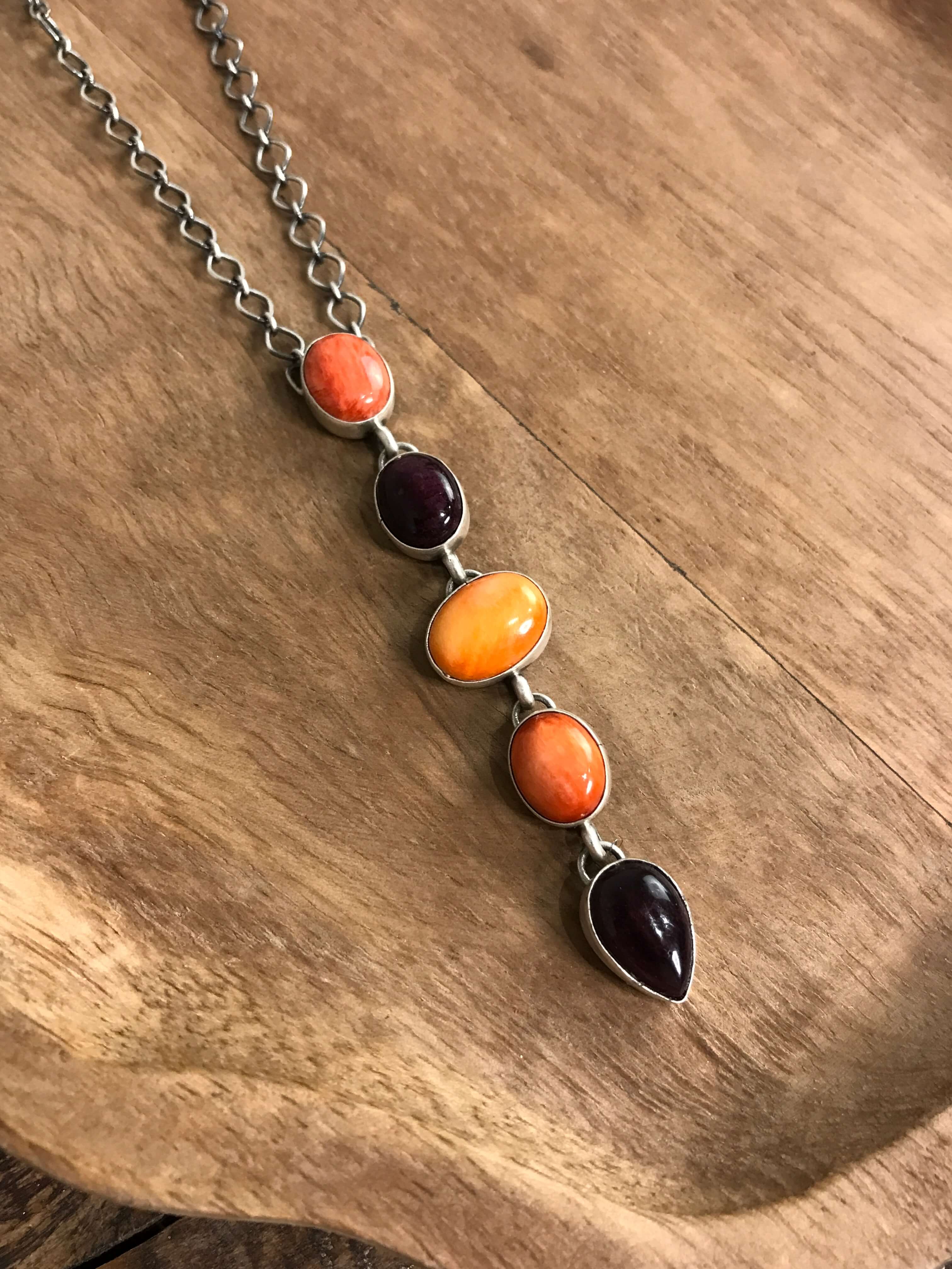 The Arroyo Lariat Necklace in Spiny Oyster, 14-Necklaces-Calli Co., Turquoise and Silver Jewelry, Native American Handmade, Zuni Tribe, Navajo Tribe, Brock Texas