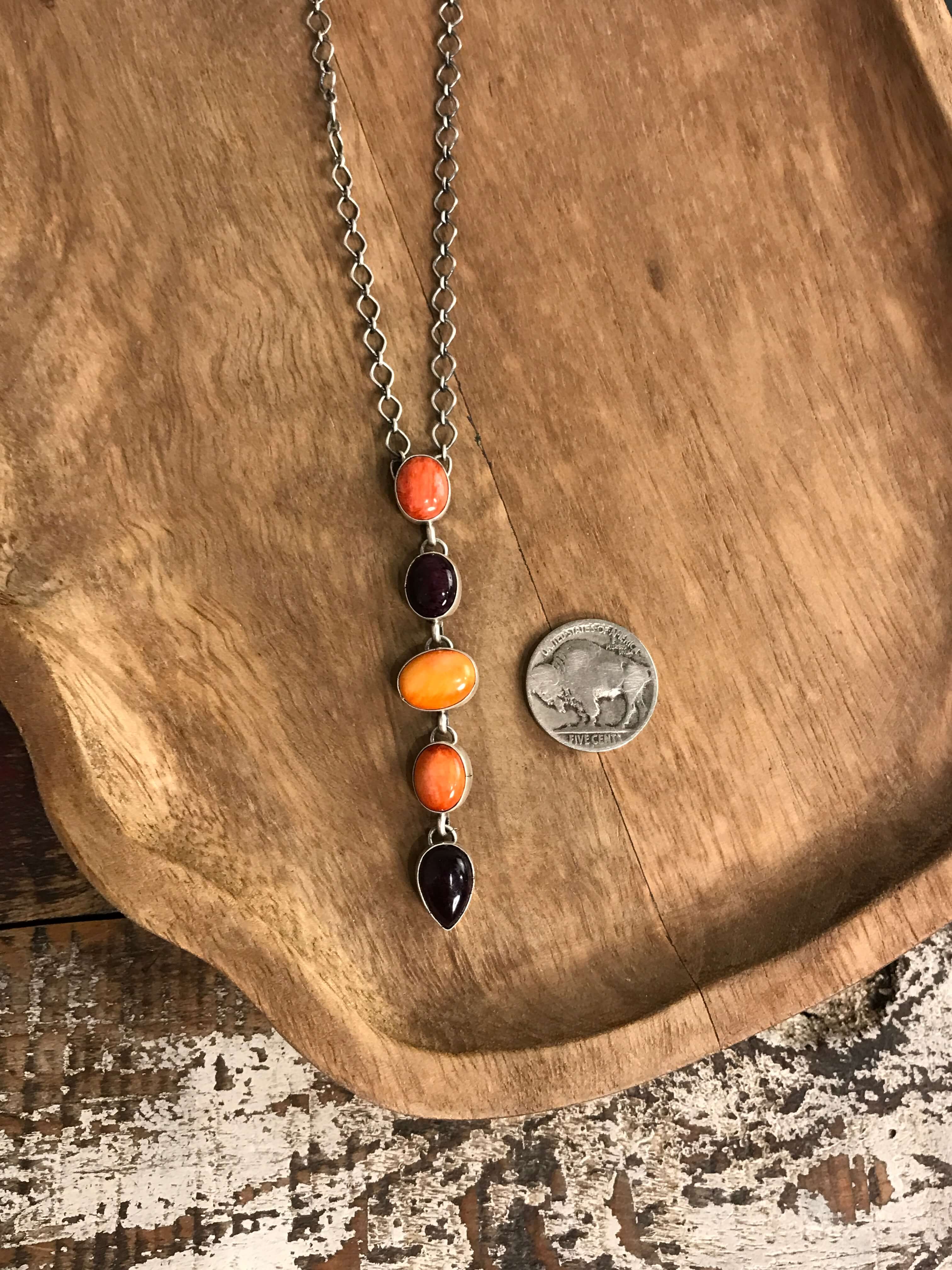 The Arroyo Lariat Necklace in Spiny Oyster, 14-Necklaces-Calli Co., Turquoise and Silver Jewelry, Native American Handmade, Zuni Tribe, Navajo Tribe, Brock Texas