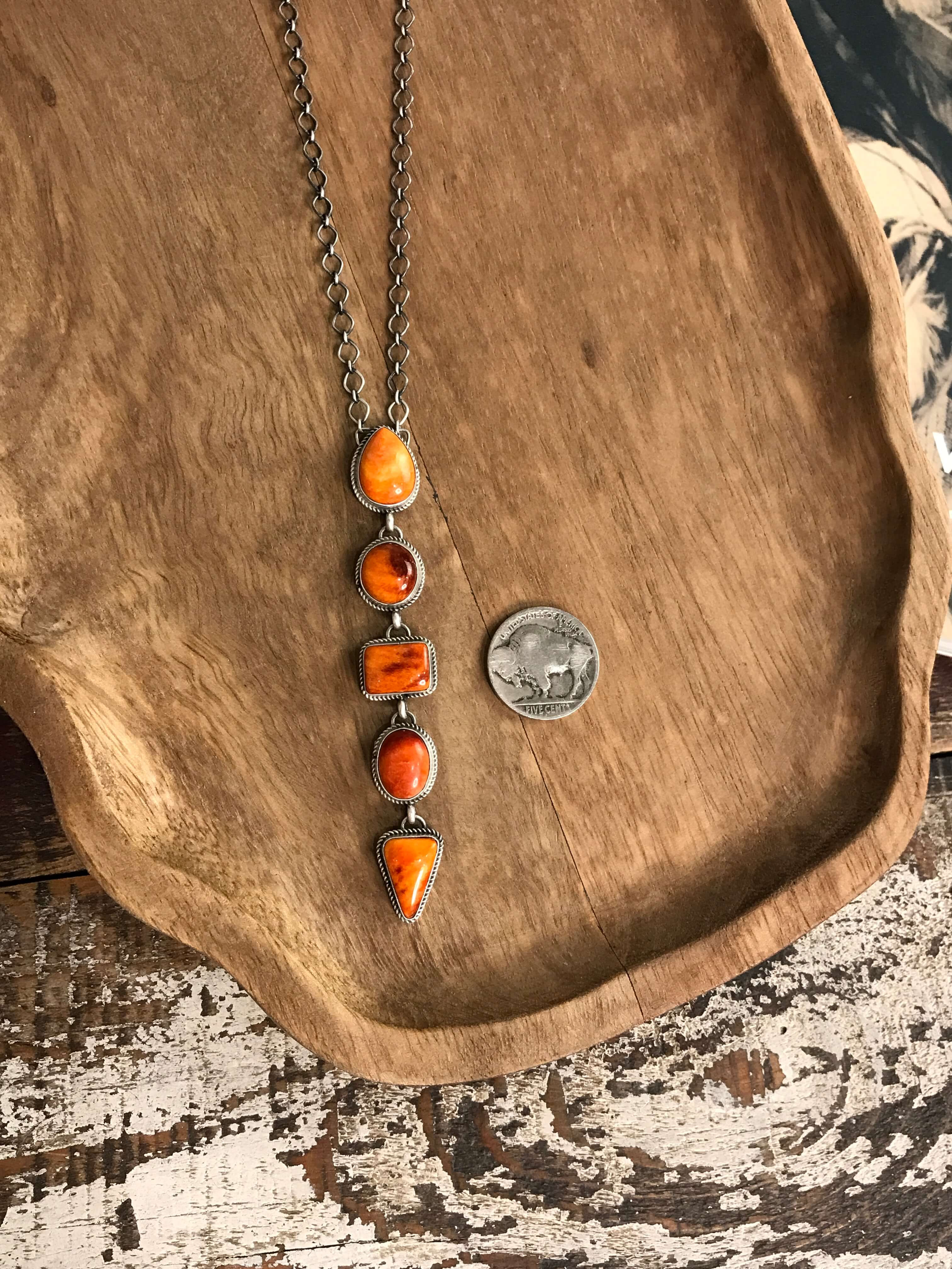 The Arroyo Lariat Necklace in Spiny Oyster, 15-Necklaces-Calli Co., Turquoise and Silver Jewelry, Native American Handmade, Zuni Tribe, Navajo Tribe, Brock Texas