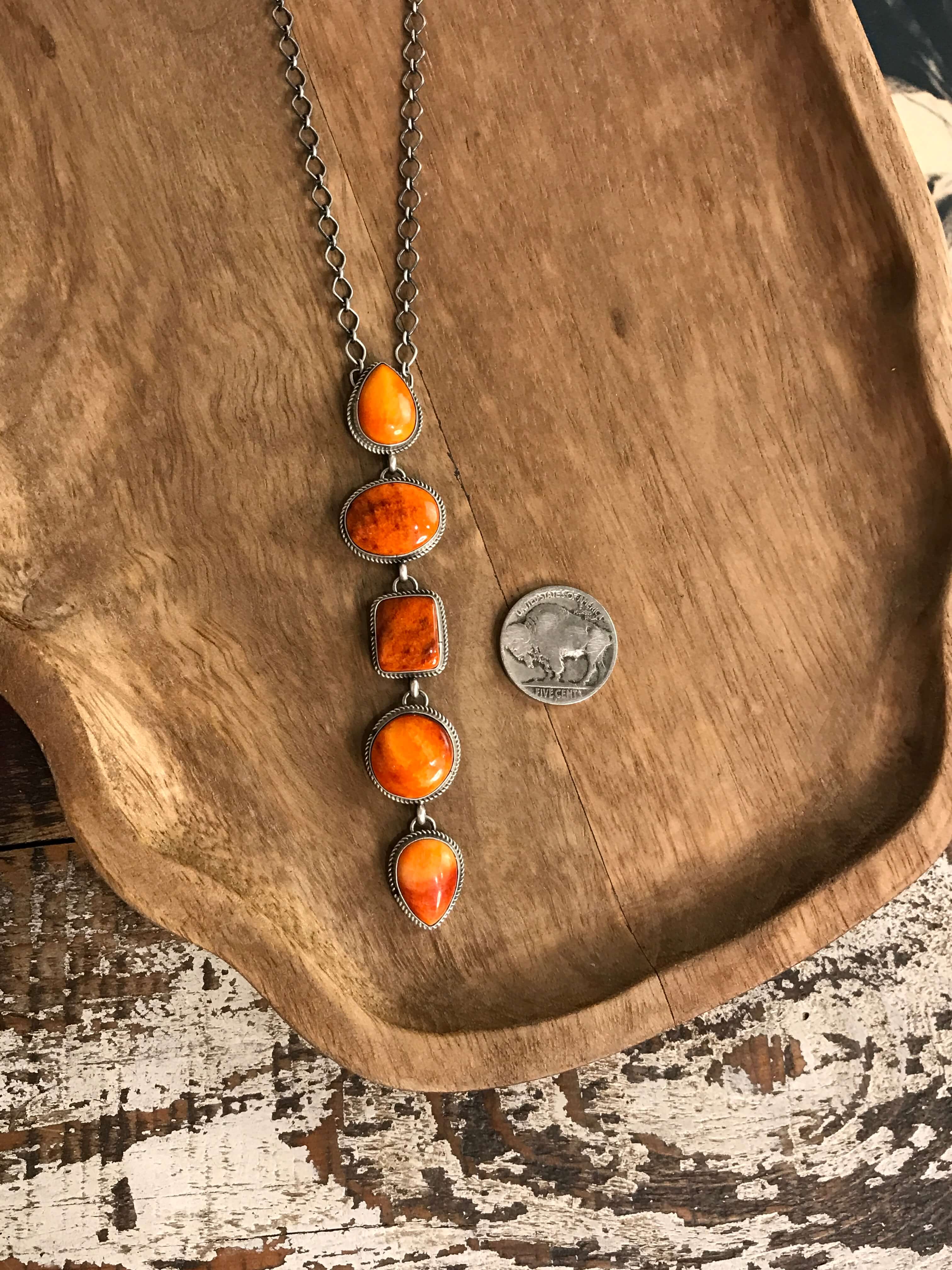 The Arroyo Lariat Necklace in Spiny Oyster, 17-Necklaces-Calli Co., Turquoise and Silver Jewelry, Native American Handmade, Zuni Tribe, Navajo Tribe, Brock Texas