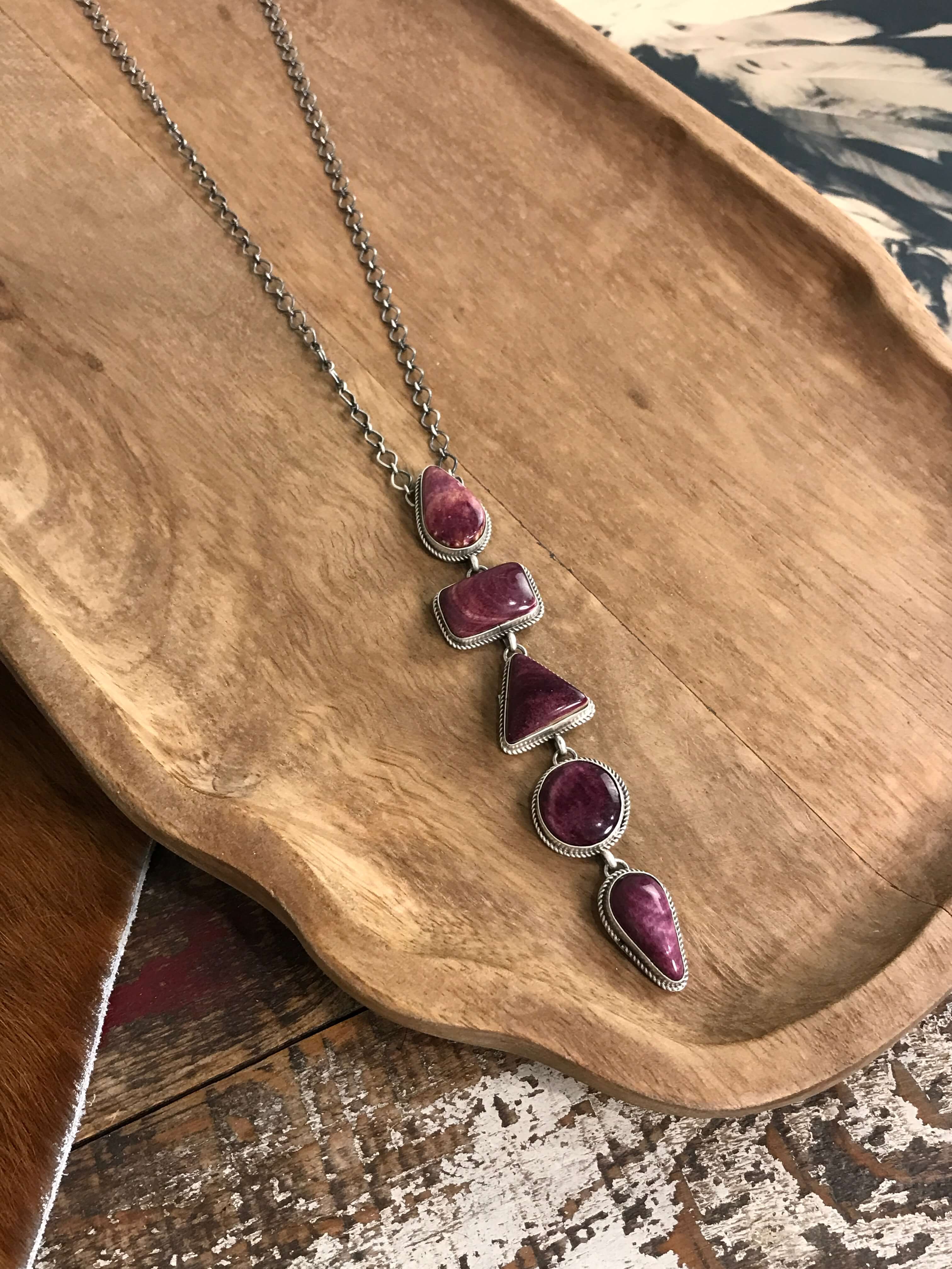 The Arroyo Lariat Necklace in Spiny Oyster, 18-Necklaces-Calli Co., Turquoise and Silver Jewelry, Native American Handmade, Zuni Tribe, Navajo Tribe, Brock Texas