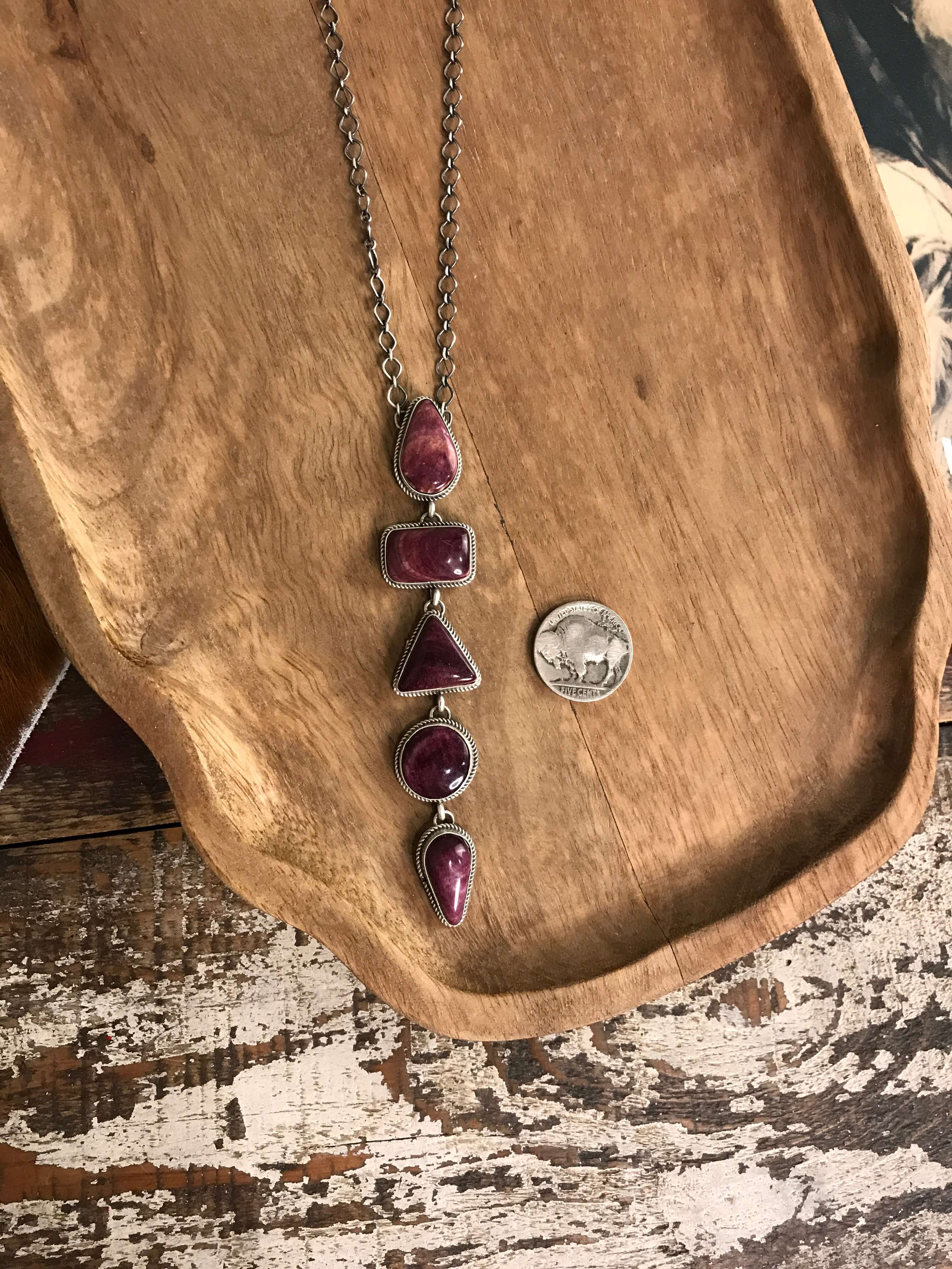 The Arroyo Lariat Necklace in Spiny Oyster, 18-Necklaces-Calli Co., Turquoise and Silver Jewelry, Native American Handmade, Zuni Tribe, Navajo Tribe, Brock Texas