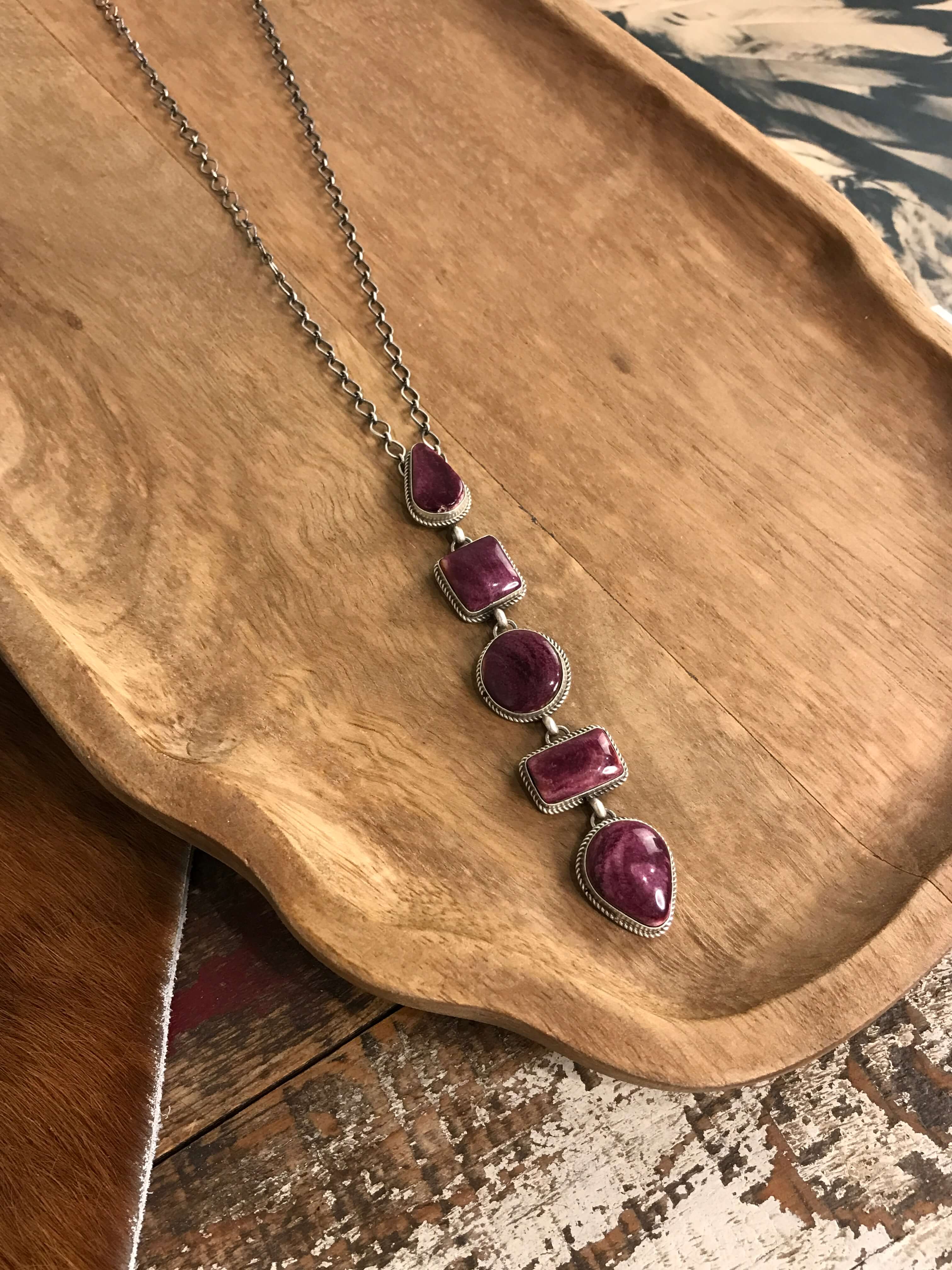 The Arroyo Lariat Necklace in Spiny Oyster, 20-Necklaces-Calli Co., Turquoise and Silver Jewelry, Native American Handmade, Zuni Tribe, Navajo Tribe, Brock Texas