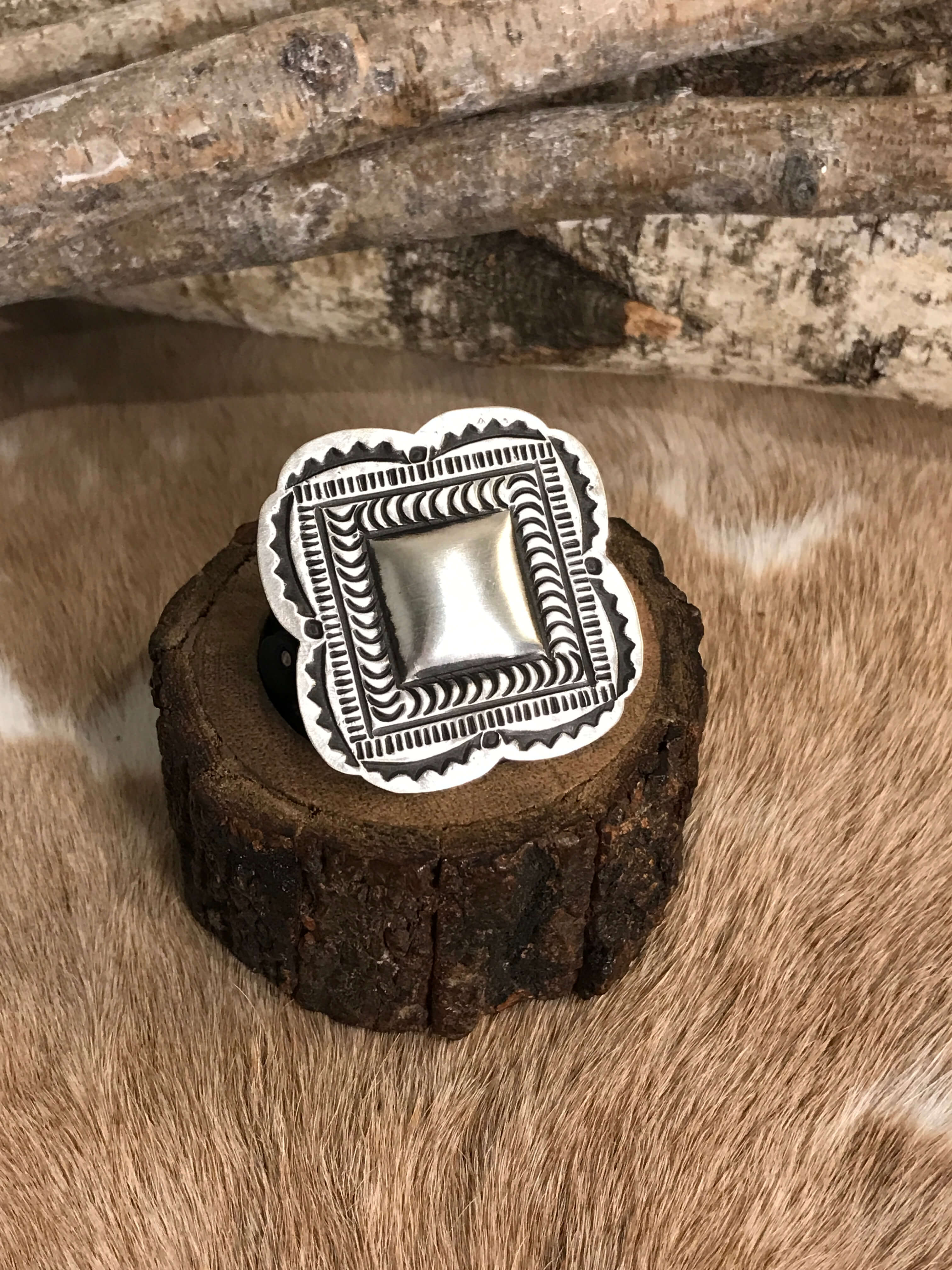 The El Rito Adjustable Concho Ring, 5-Rings-Calli Co., Turquoise and Silver Jewelry, Native American Handmade, Zuni Tribe, Navajo Tribe, Brock Texas