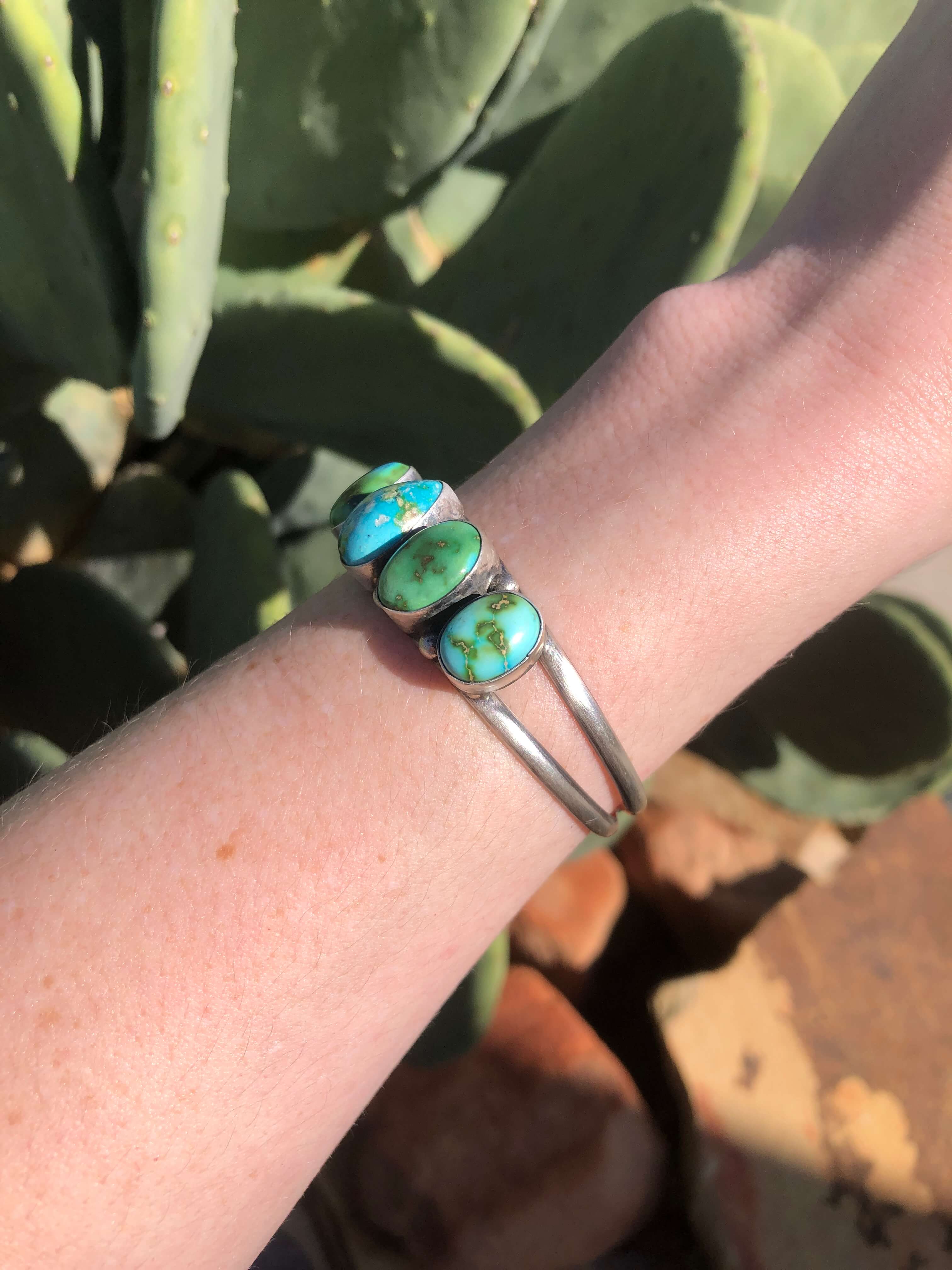 The 5 Stone Turquoise Cuff, 2-Bracelets & Cuffs-Calli Co., Turquoise and Silver Jewelry, Native American Handmade, Zuni Tribe, Navajo Tribe, Brock Texas