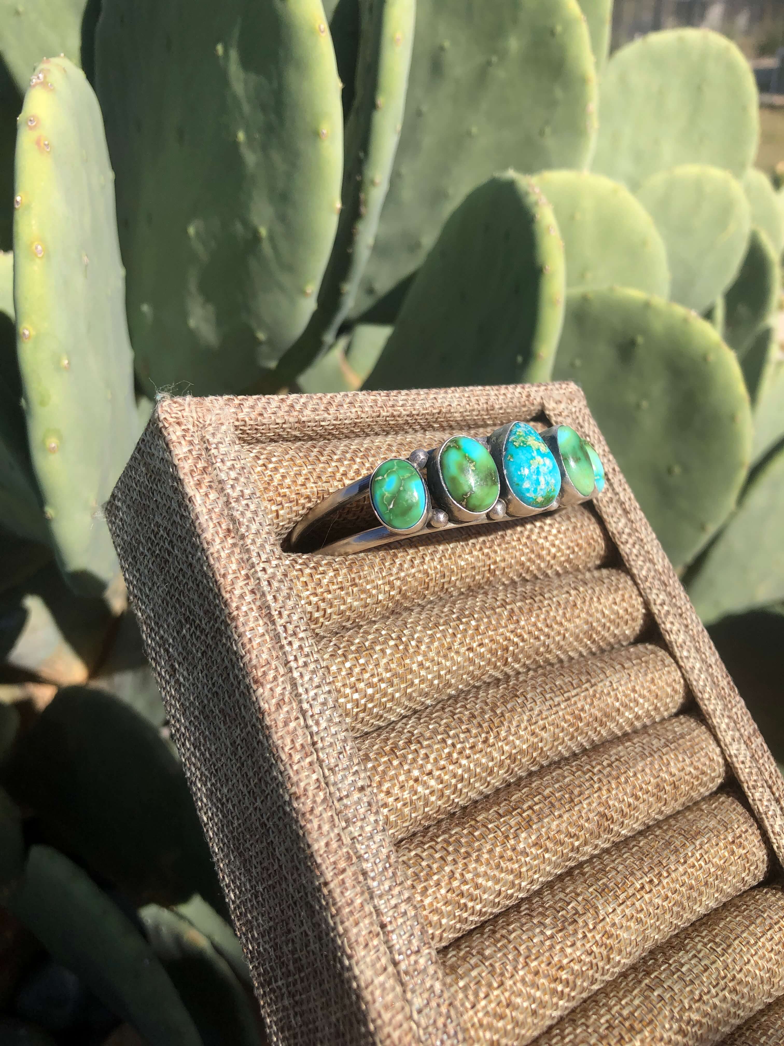 The 5 Stone Turquoise Cuff, 2-Bracelets & Cuffs-Calli Co., Turquoise and Silver Jewelry, Native American Handmade, Zuni Tribe, Navajo Tribe, Brock Texas