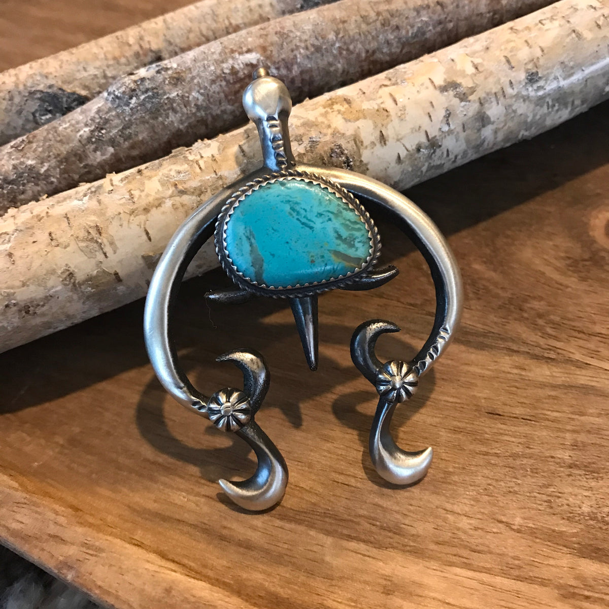 Navajo Handmade Sand Cast Sterling Silver Turquoise offers Naja Pendant Necklace