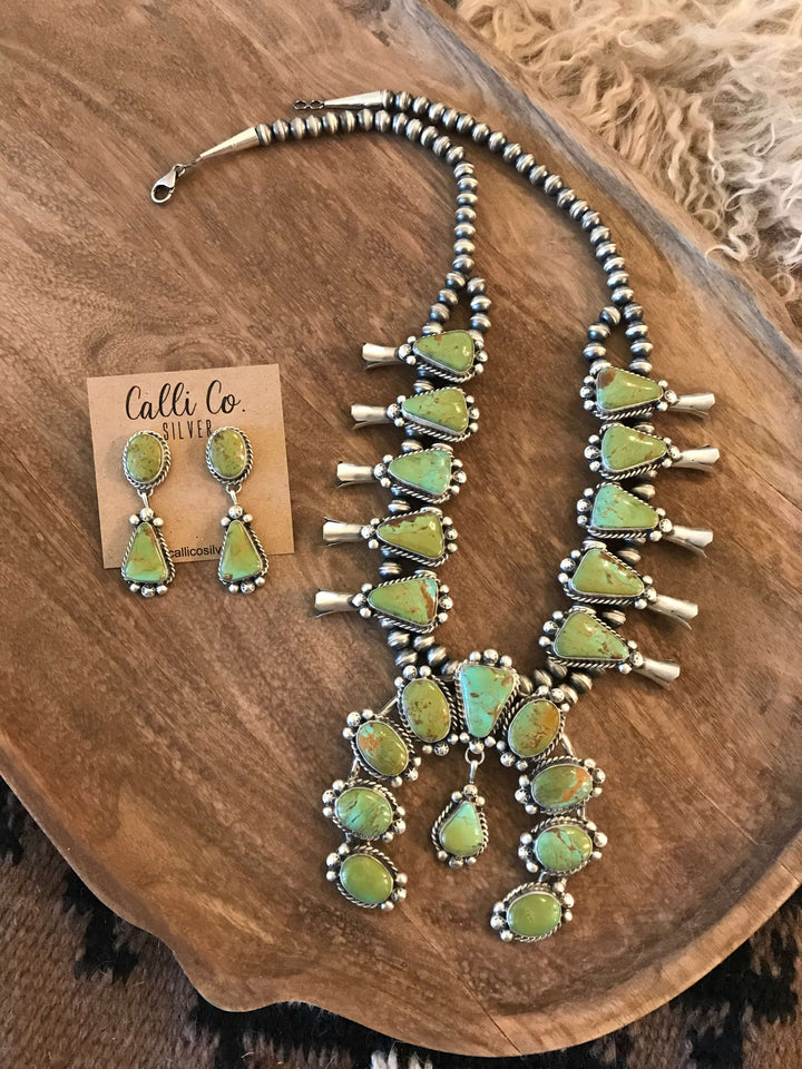 The Castile Turquoise Squash Blossom Necklace Set-Necklaces-Calli Co., Turquoise and Silver Jewelry, Native American Handmade, Zuni Tribe, Navajo Tribe, Brock Texas