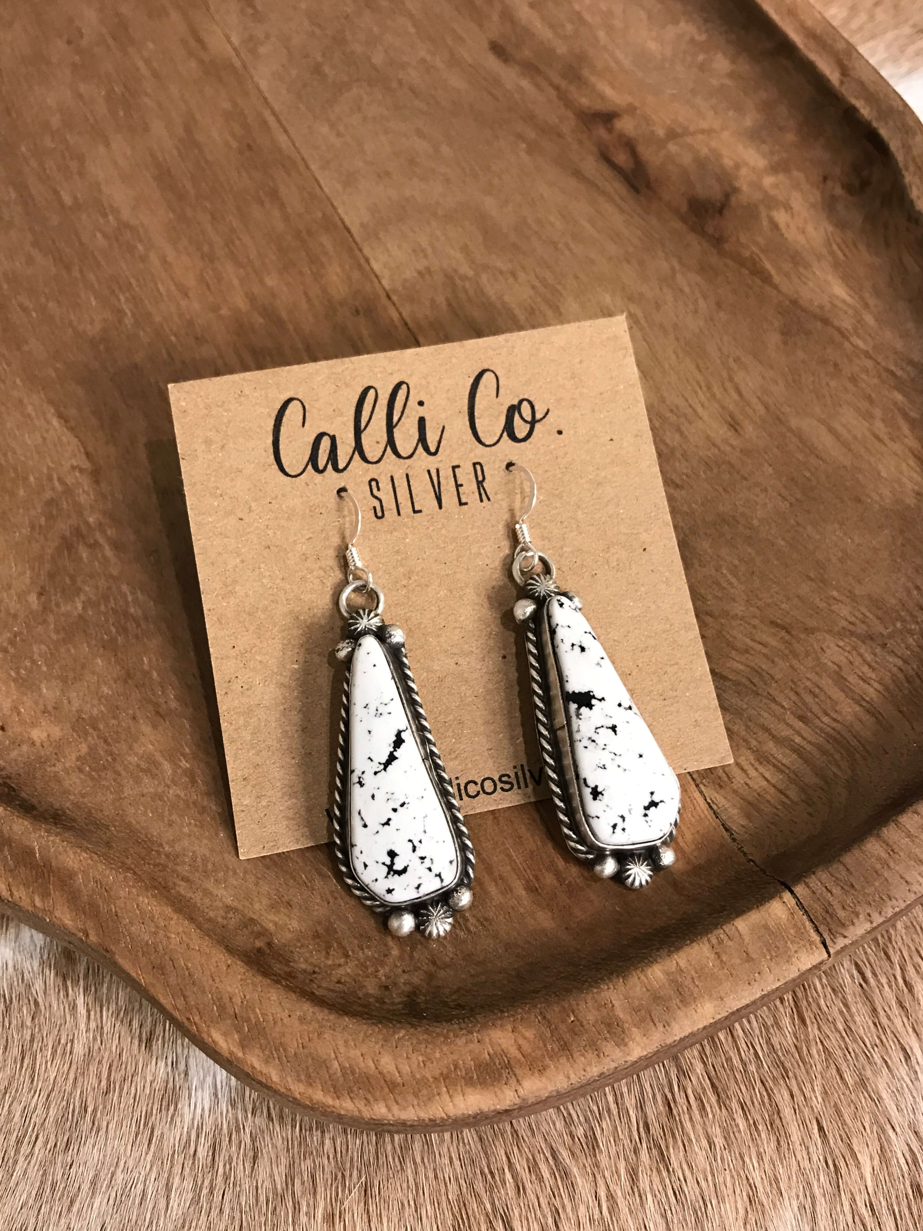 The White Buffalo Dangles, 1-Earrings-Calli Co., Turquoise and Silver Jewelry, Native American Handmade, Zuni Tribe, Navajo Tribe, Brock Texas