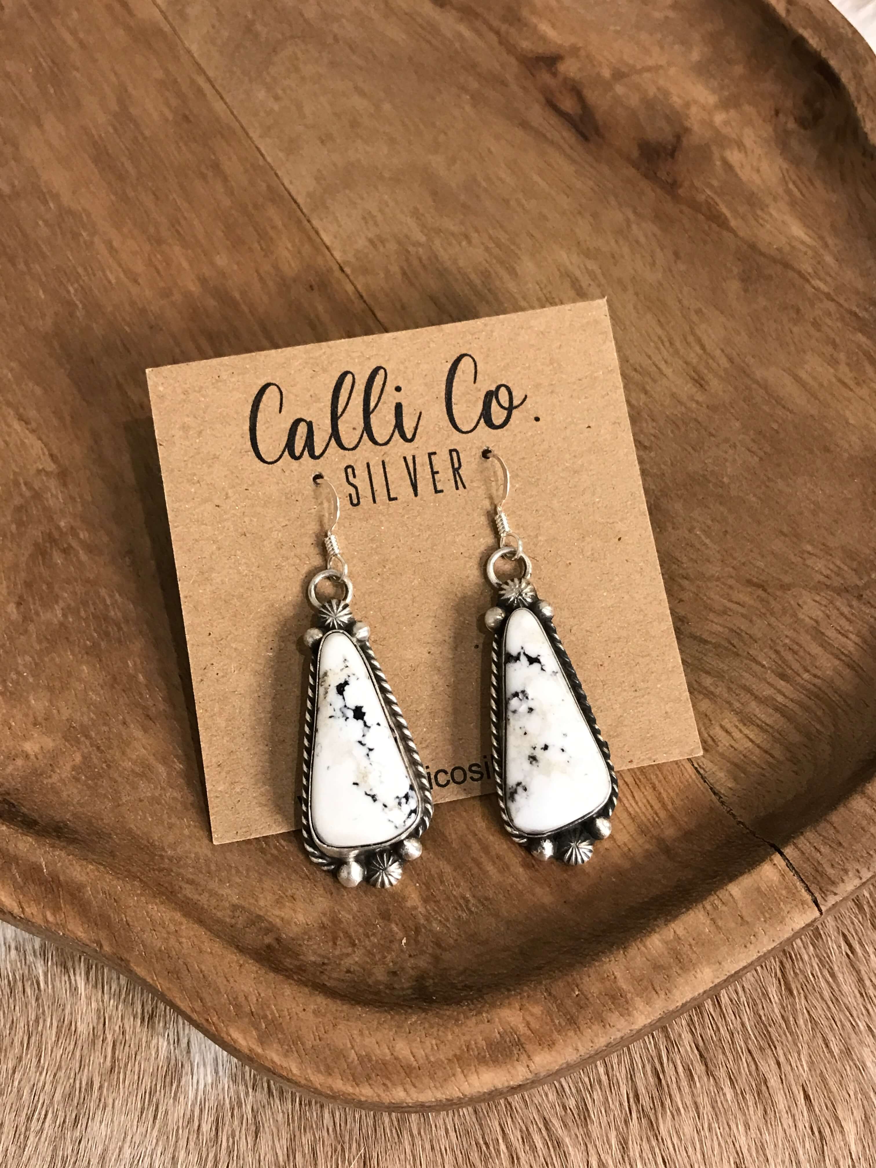 The White Buffalo Dangles, 3-Earrings-Calli Co., Turquoise and Silver Jewelry, Native American Handmade, Zuni Tribe, Navajo Tribe, Brock Texas